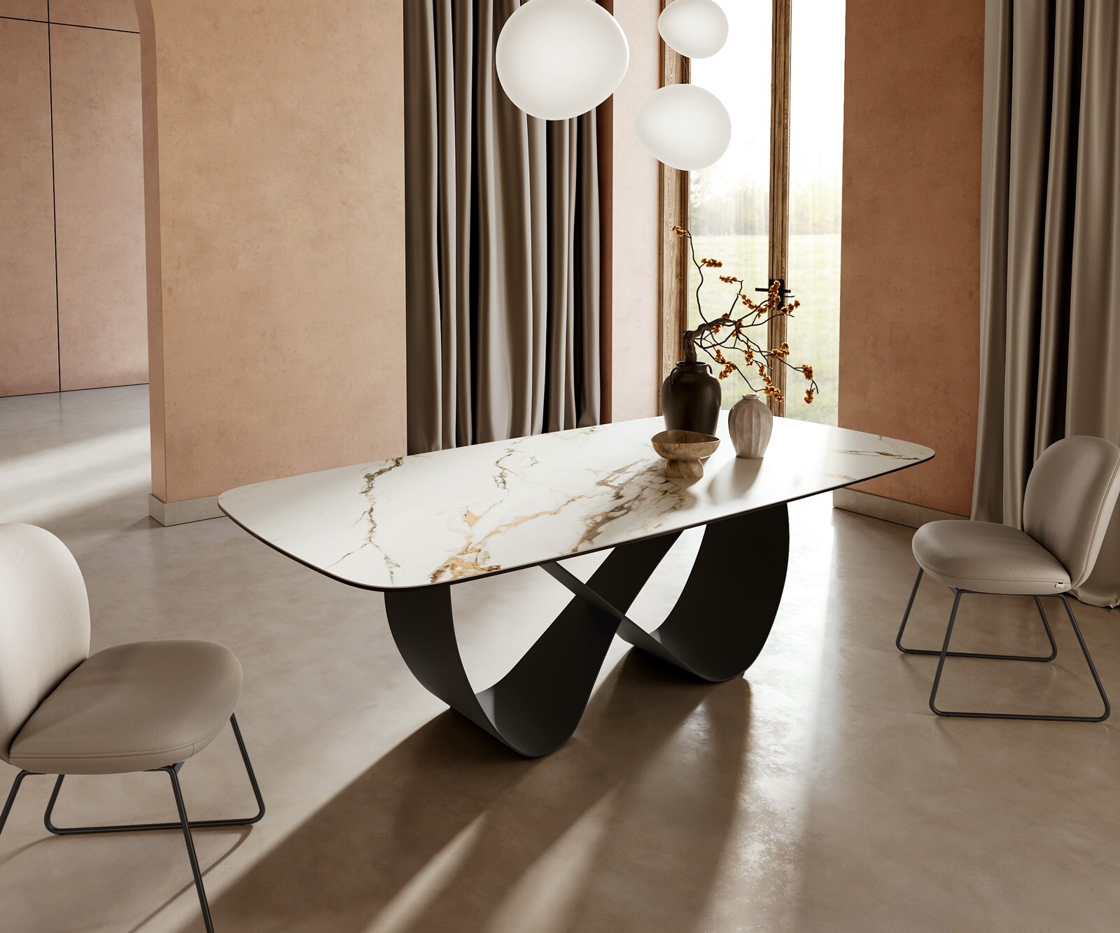 Stół do jadalni Edge kształt beczki 240x120cm ceramika Calacatta Luxe biało-złoto-szary rama Infinity metal czarny 1