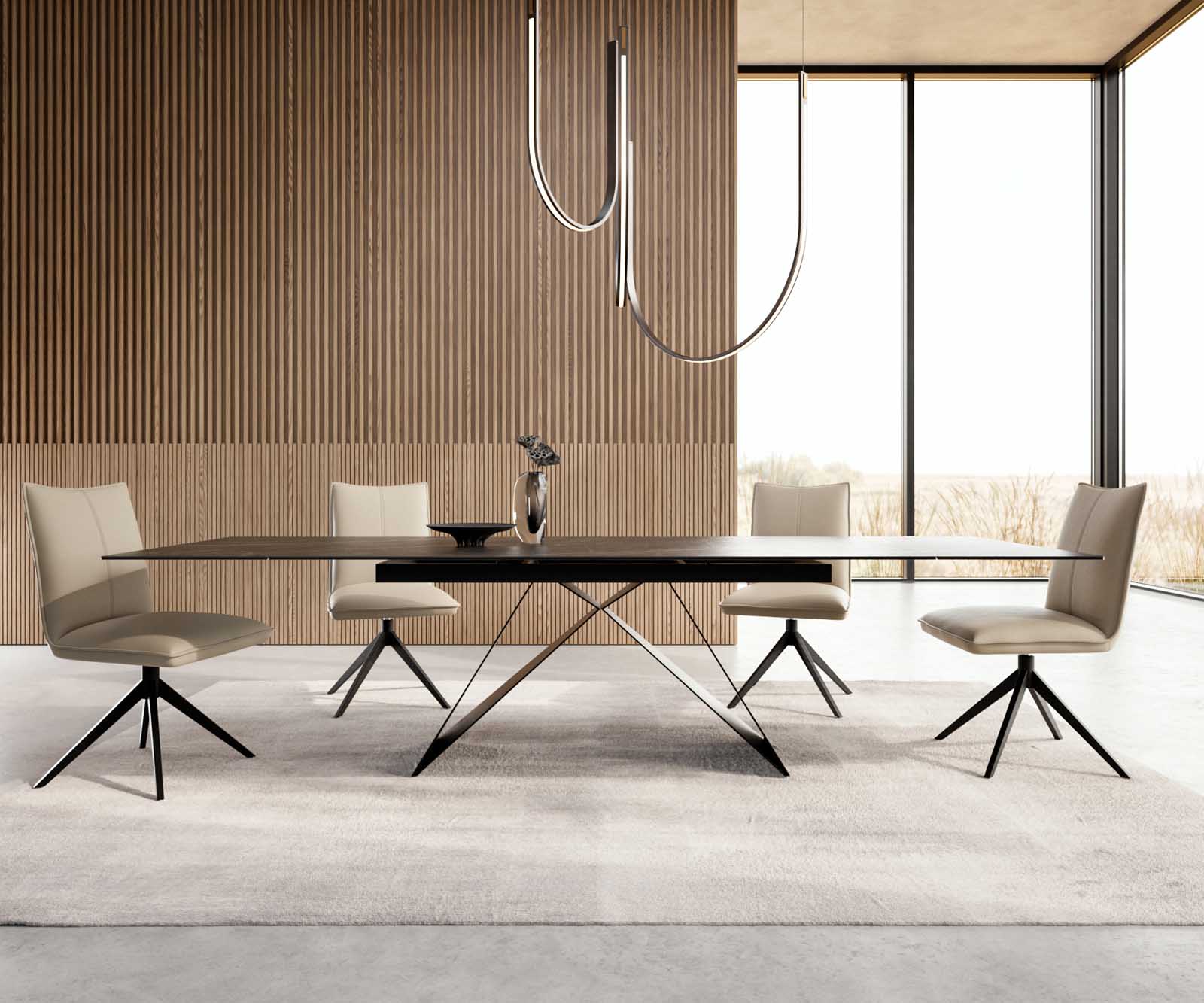 Stół do jadalni Edge 200-300x100 cm ceramika Laminam® Noir Desir brązowy rama V metal czarna rozkładany 1