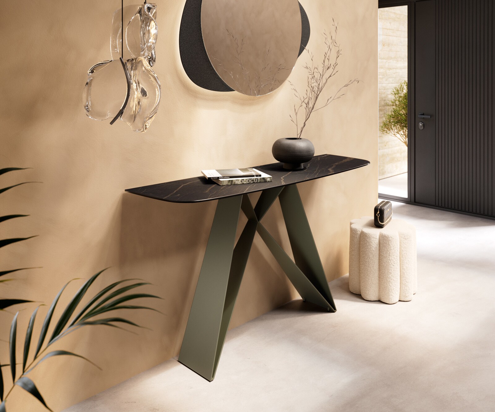 Konsola Edge w kształcie beczki 140x40 cm ceramika Laminam® Noir Desir brązowa podstawa Velio metal w kolorze tytanu 4