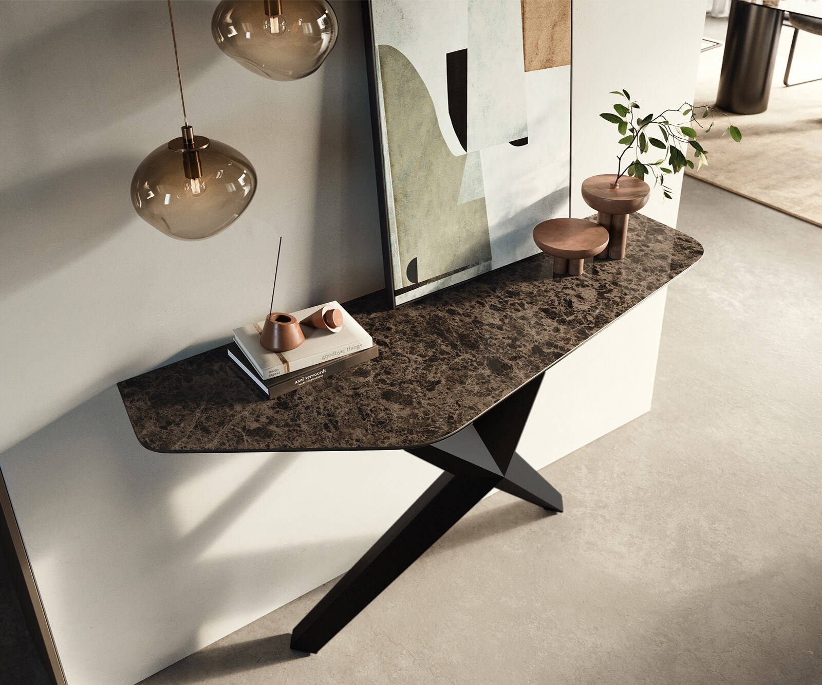 Konsola Edge wielokątna 140x50 cm ceramika Emperador Extra Lucidato ciemnobrązowa podstawa Zentharo metal czarny 2