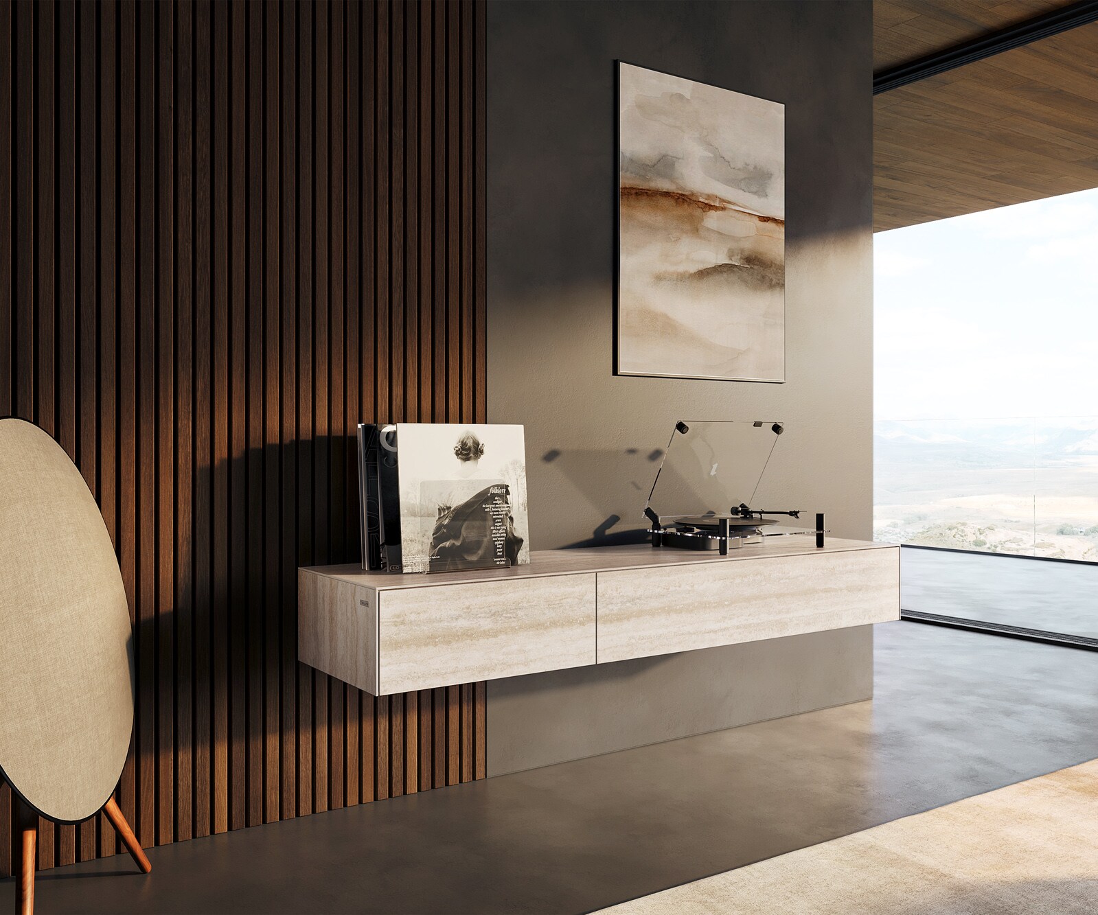 Szafka RTV Cuor 150 cm ceramika Laminam® Travertino Bianco kremowo-biała 1 klapa 1 szuflada podwieszana