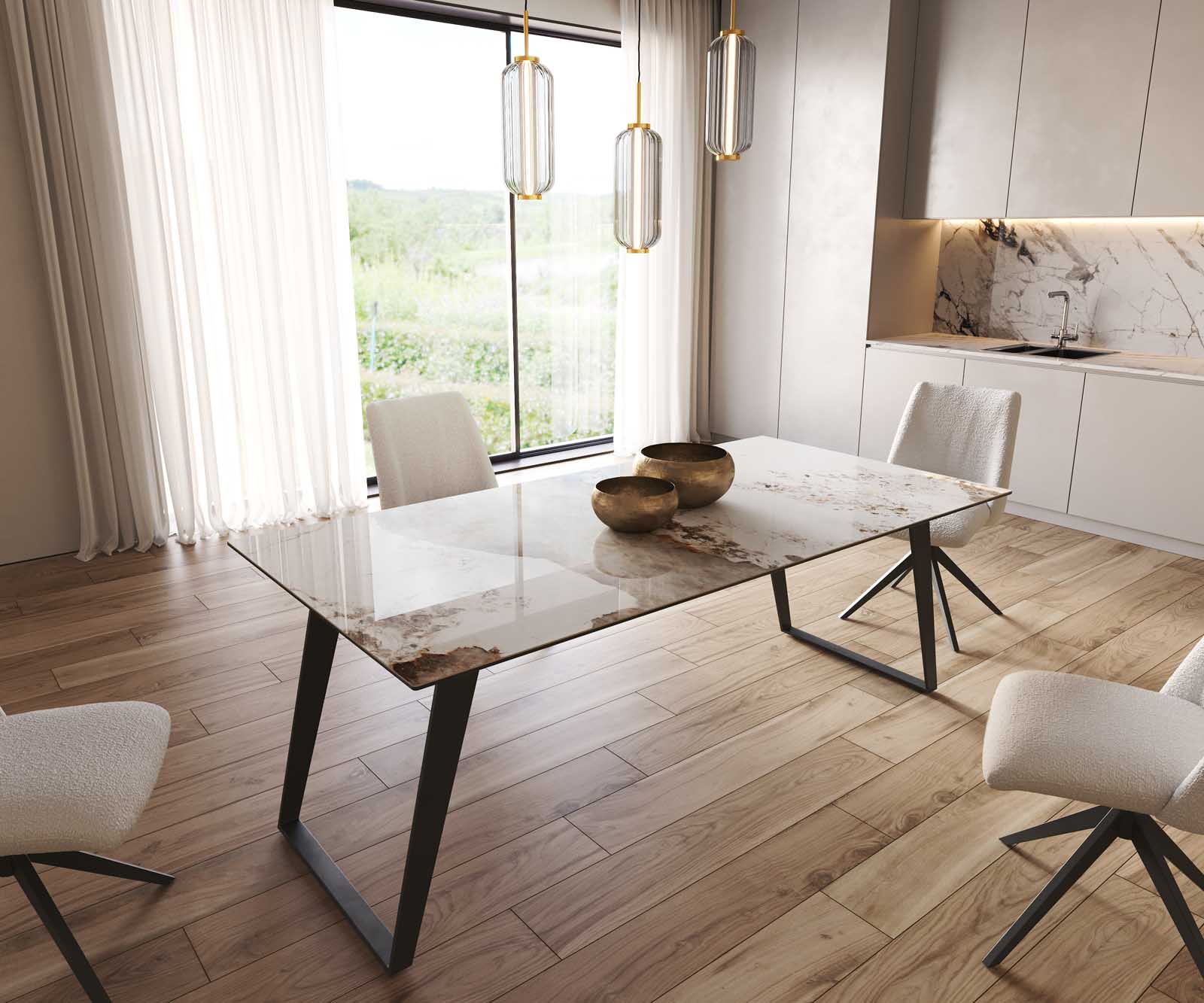 Stół do jadalni Edge 200x100 cm ceramika Minas Melange biało-beżowy metal pochylona rama czarna