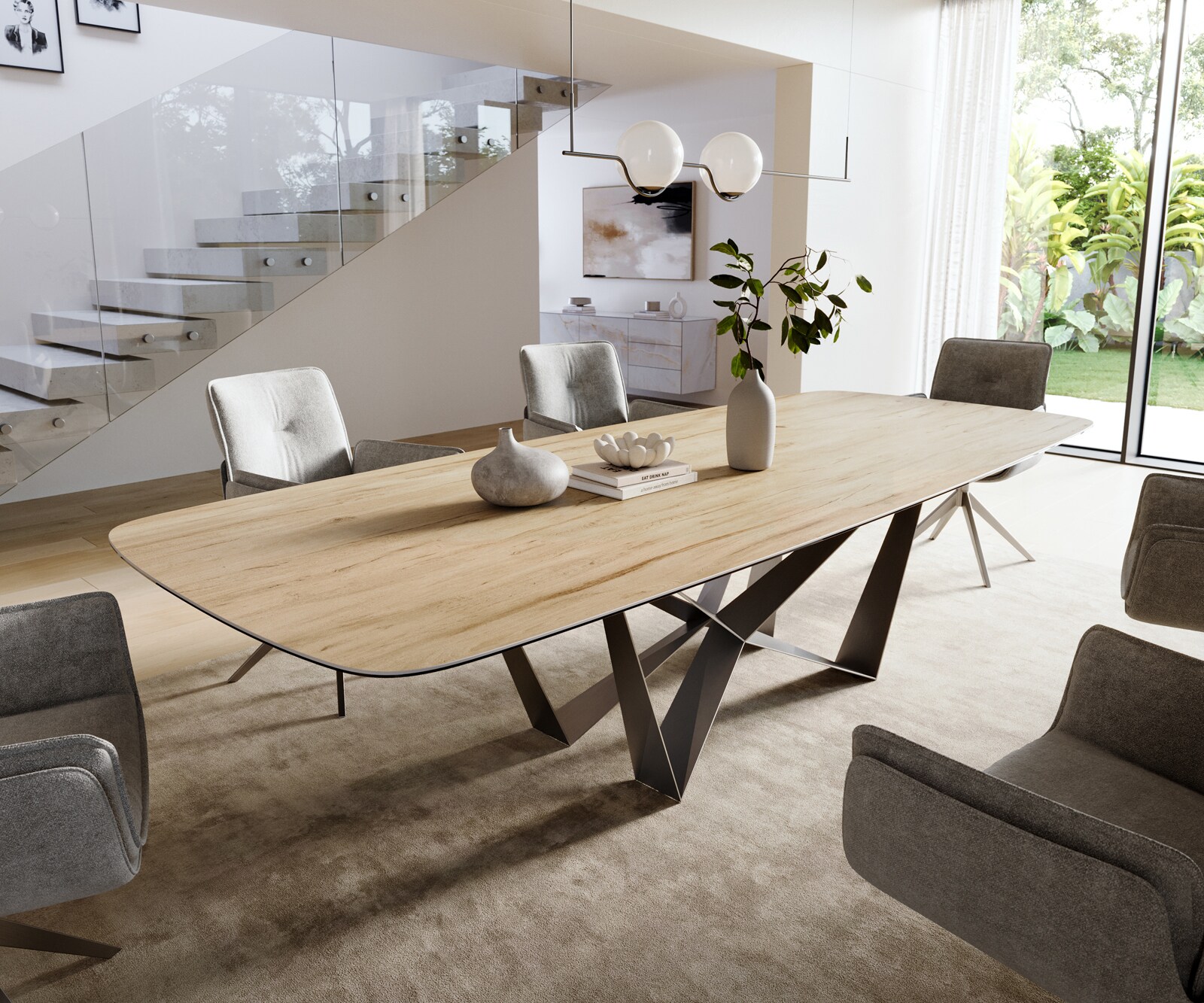 Stół do jadalni Edge w kształcie beczki 300x120 cm ceramika Laminam® Sabbia w kolorze dębu rama Spider stal nierdzewna kolor grafitowy 1