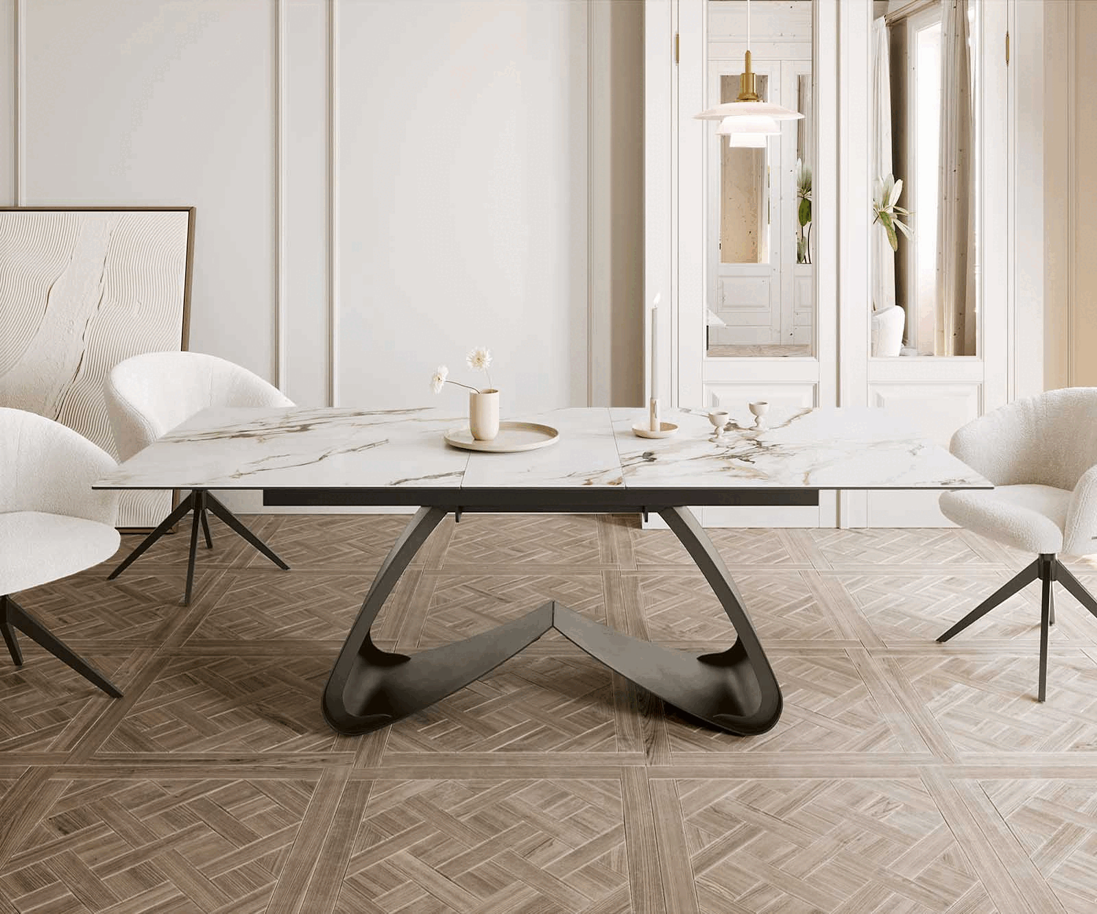 Stół do jadalni Edge 180-220x100 cm ceramika Calacatta Luxe biało-złoto-szary rama W kolor tytanowy rozkładany 1
