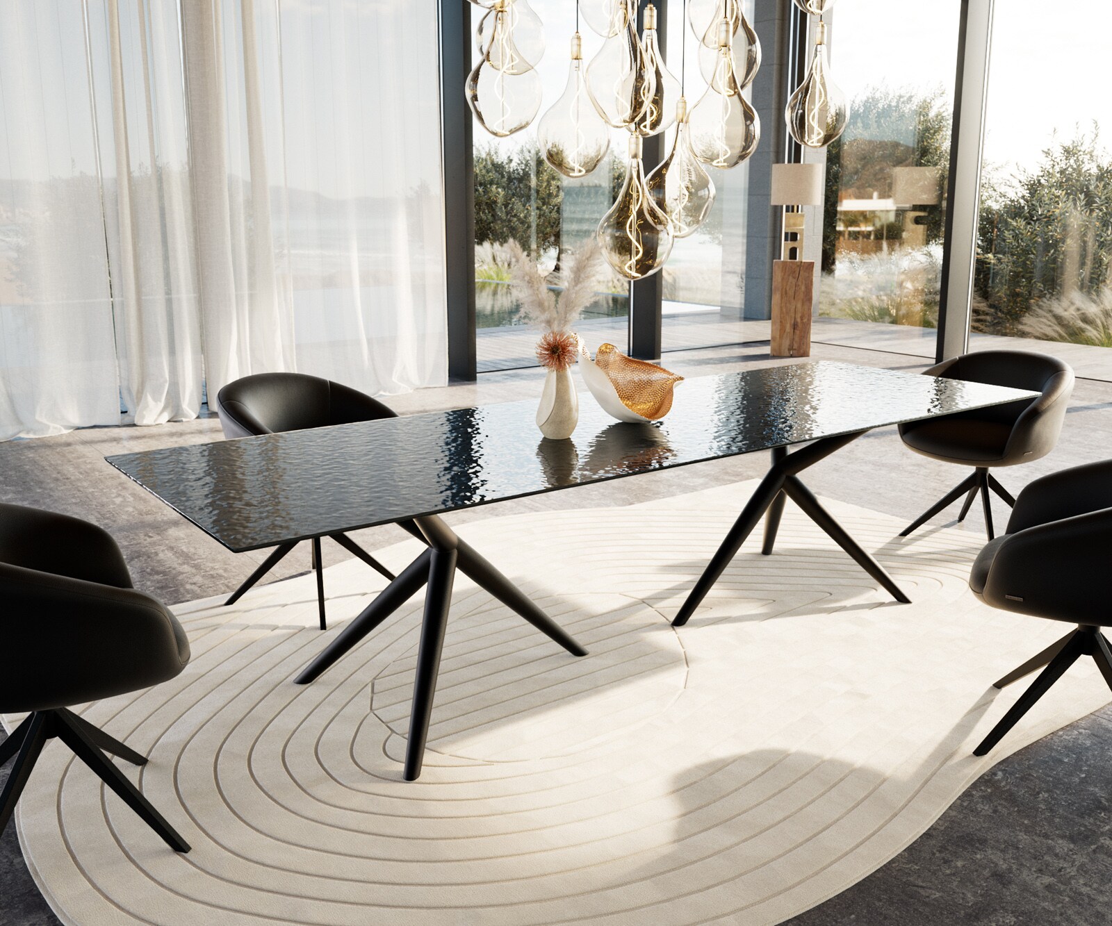Stół do jadalni Edge 300x100cm szkło reliefowe dymione czarne efekt 3D rama Estelar metal czarny 1