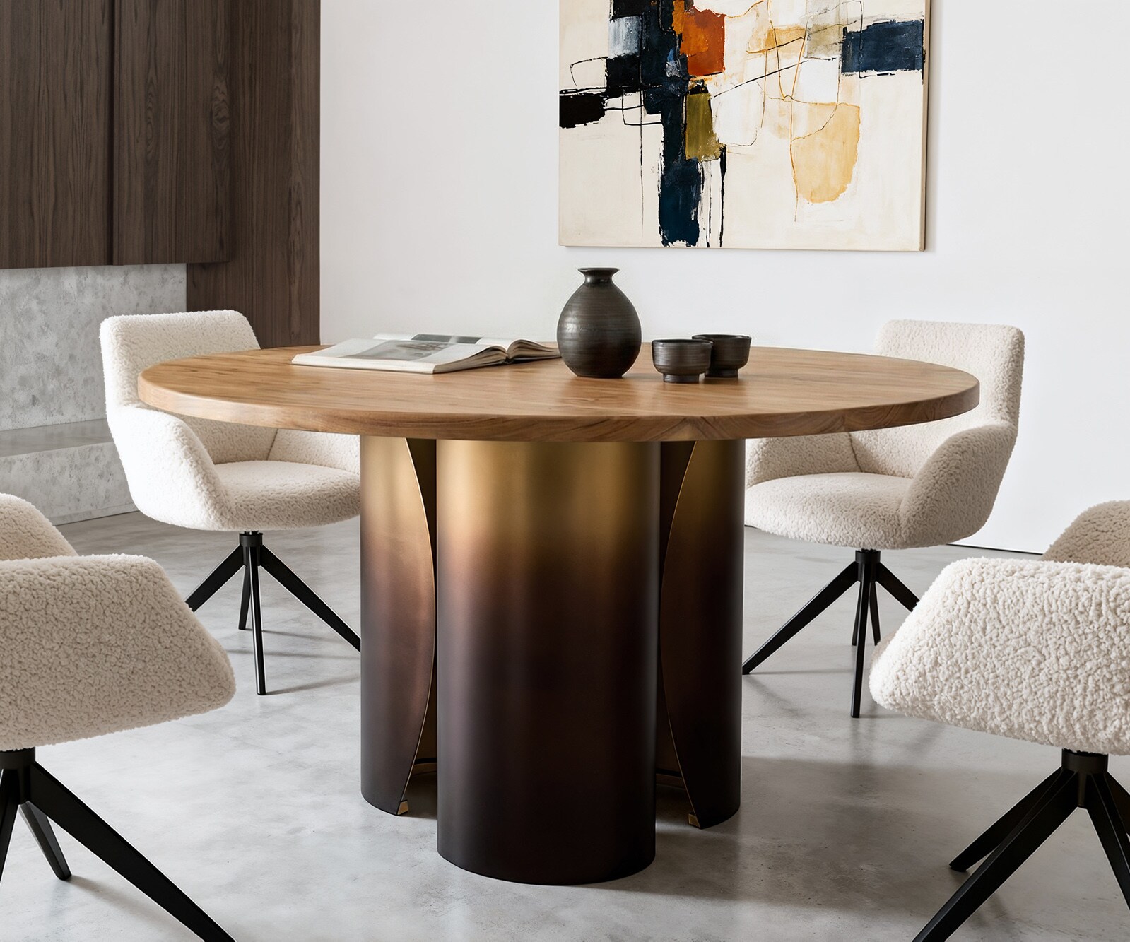 Stół do jadalni Adenza okrągły 140x140cm akacja naturalna metal Gold Fusion Finish