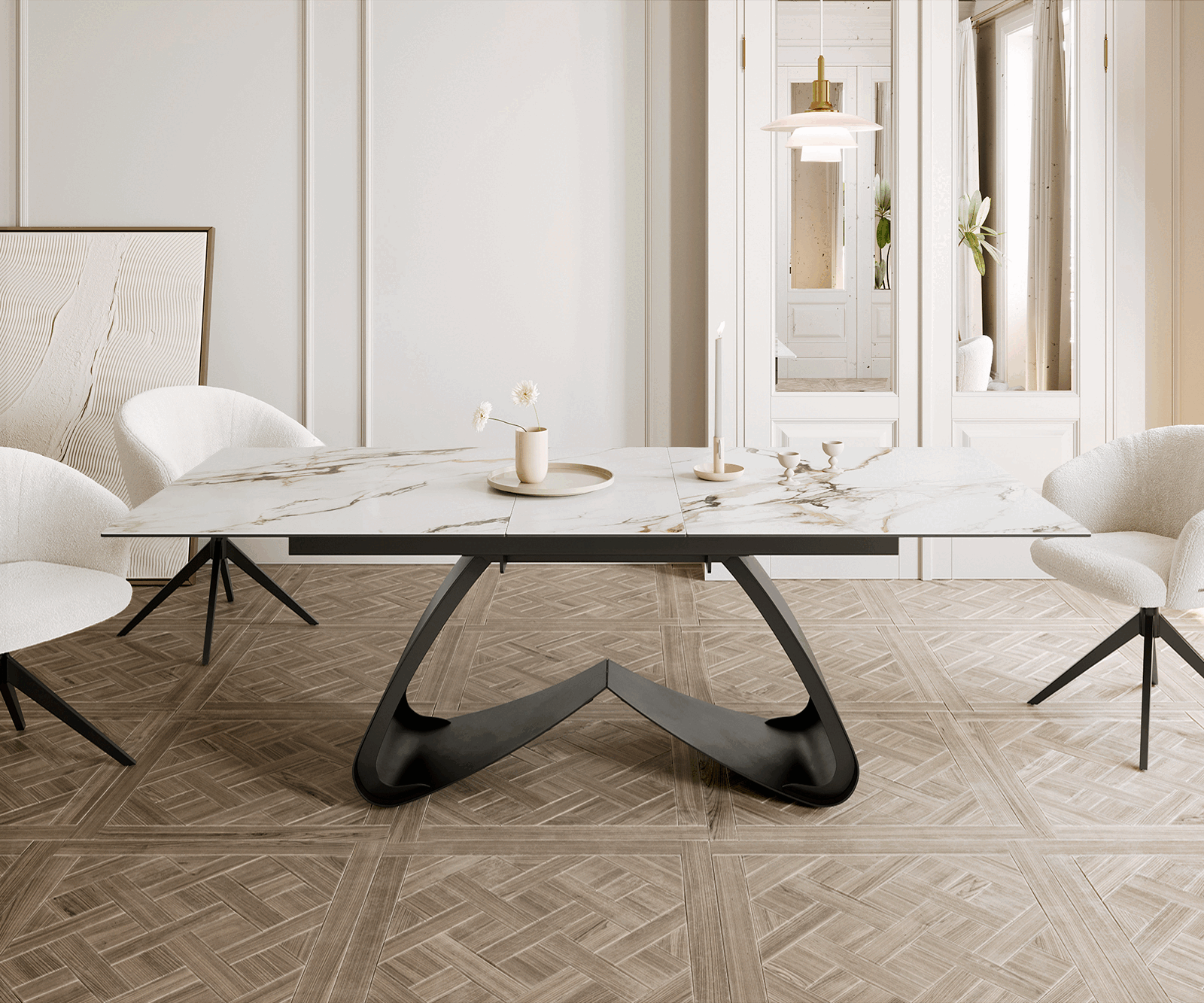 Stół do jadalni Edge 180-220x100 cm ceramika Calacatta Luxe biało-złoto-szary rama W czarna rozkładany 1