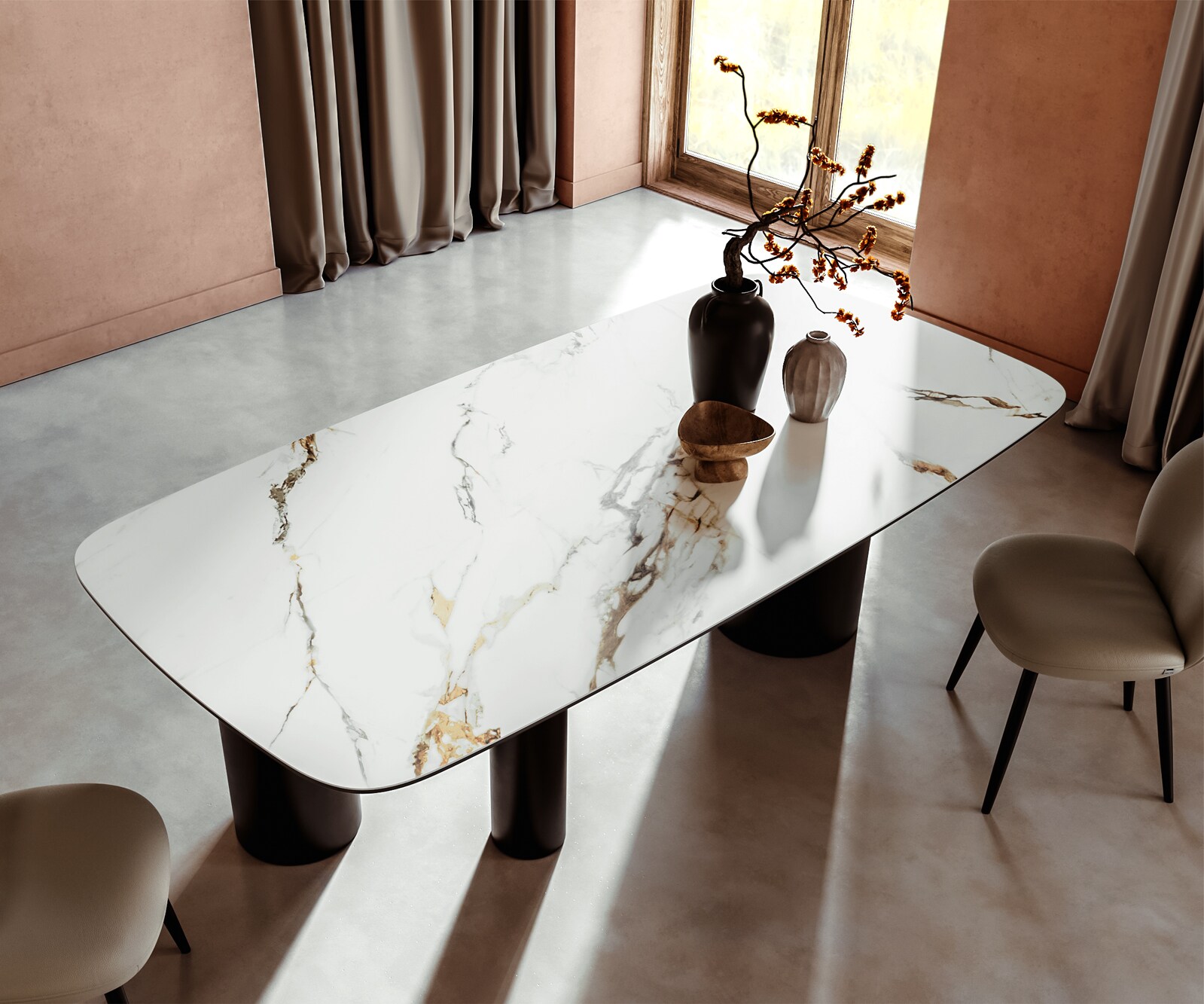 Stół do jadalni Edge kształt beczki 240x120cm ceramika Calacatta Luxe biało-złoto-szary rama Troa metal czarny 3