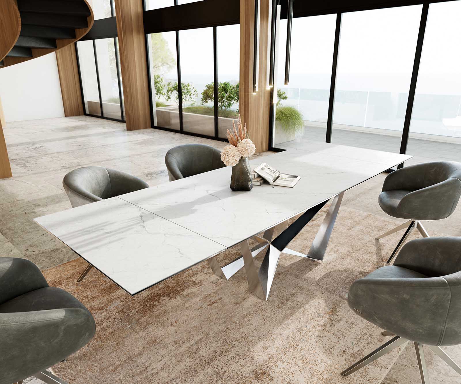 Stół do jadalni Edge 200-300x100 cm ceramika Laminam® Statuarietto biały rama Spider stal nierdzewna rozkładany 1