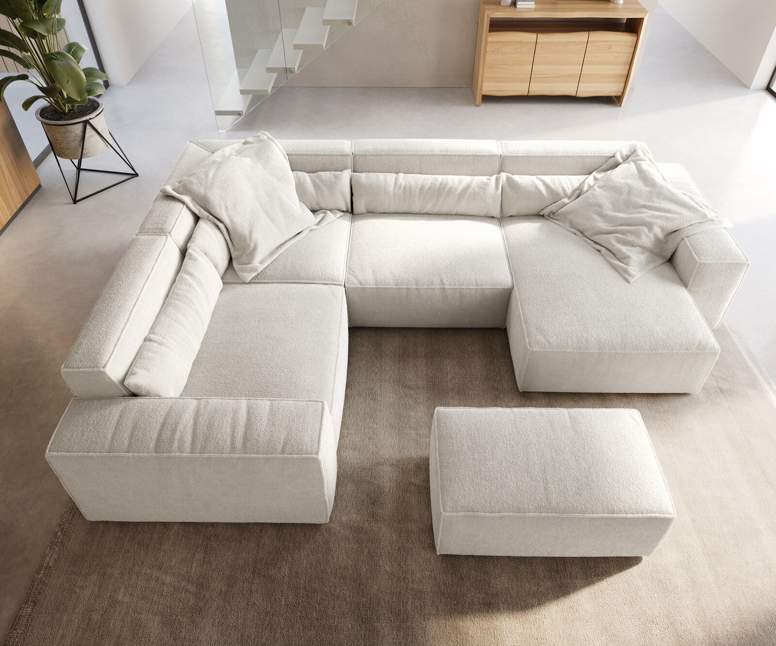 Sofa w kształcie litery U Sirpio 300x210 cm bouclé kremowo-biały szezlong z możliwością obustronnego montażu z pufem 4