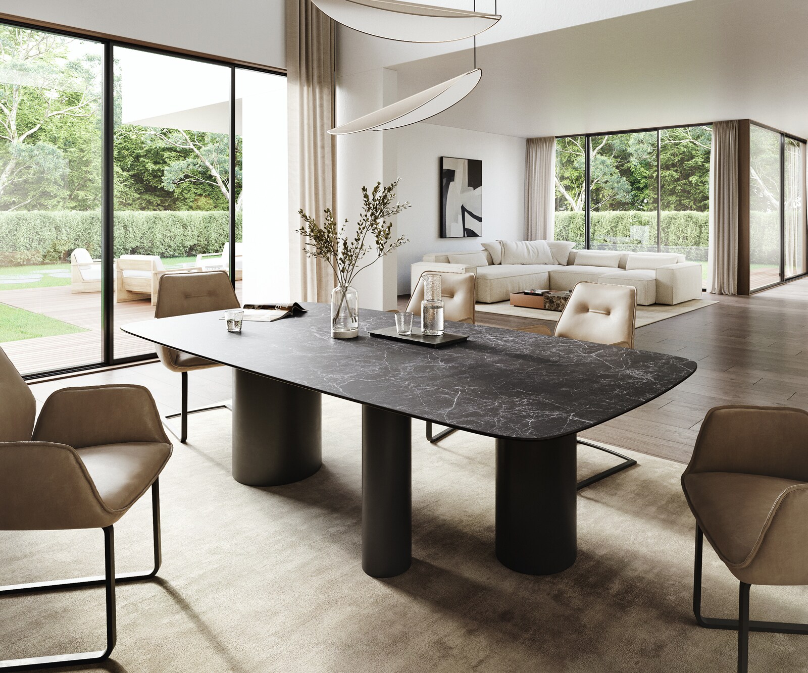 Stół do jadalni Edge w kształcie beczki 260x120 cm ceramika Laminam® Nero Greco antracytowa rama Troa metal czarny