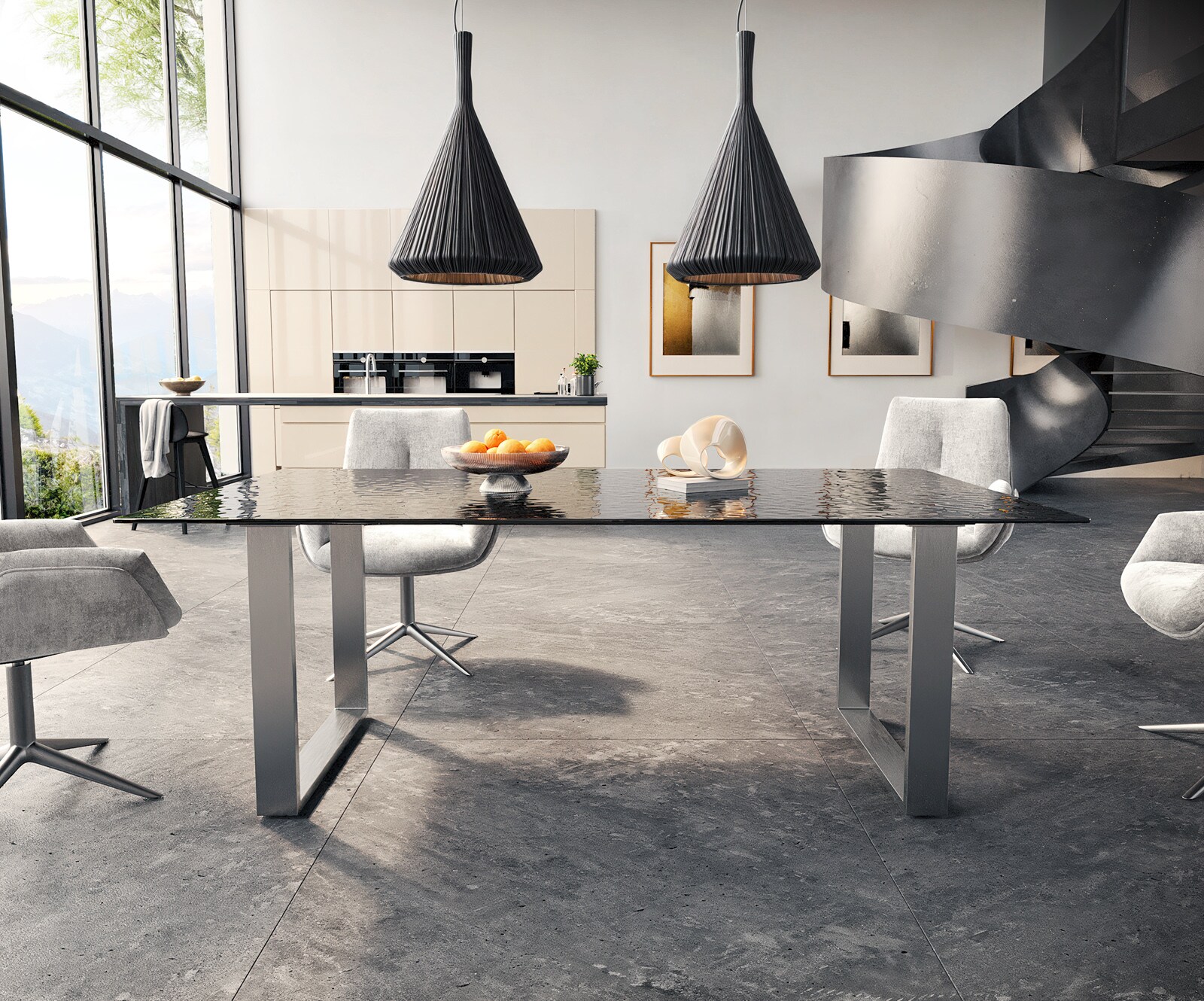 Stół do jadalni Edge 200x100 cm szkło reliefowe czarne efekt 3D stal nierdzewna wąska rama 1