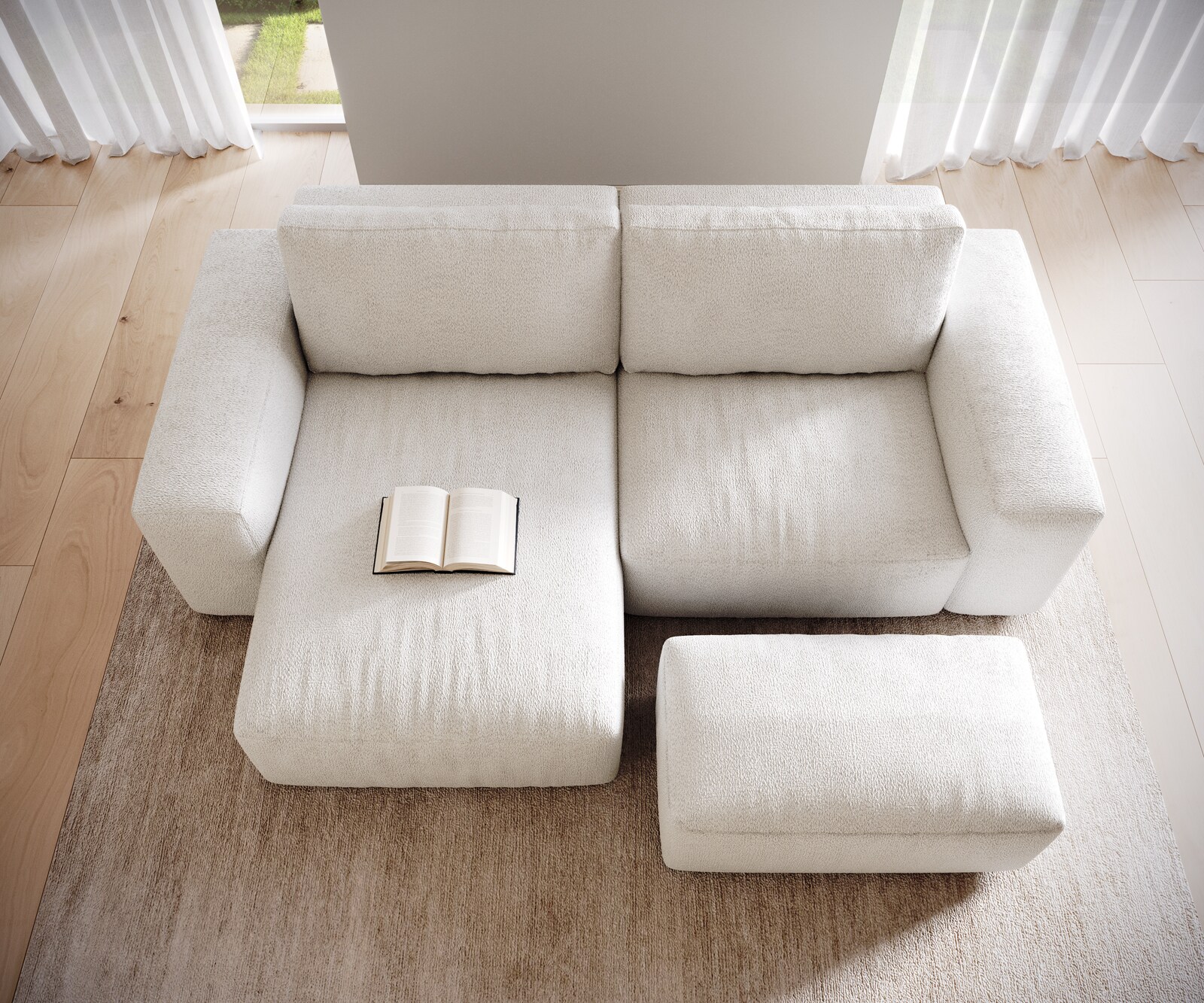Sofa narożna Lanzo L 260x160 cm bouclé kremowo-biały szezlong z możliwością obustronnego montażu z pufem 3