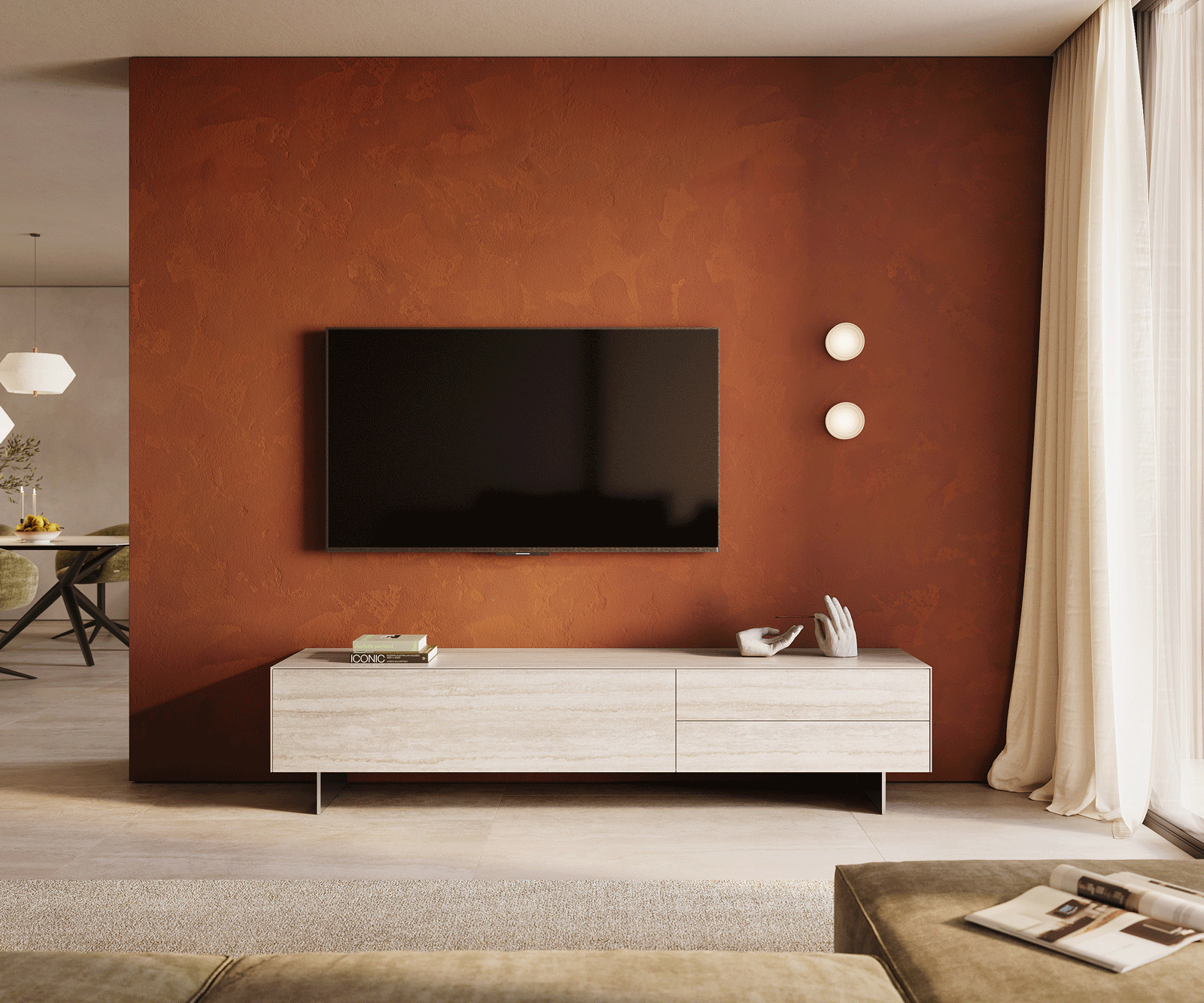 Szafka RTV Cuor 220 cm ceramika Laminam® Travertino Bianco kremowo-biała 1 klapa 2 szuflady nóżki wąskie stal nierdzewna 2