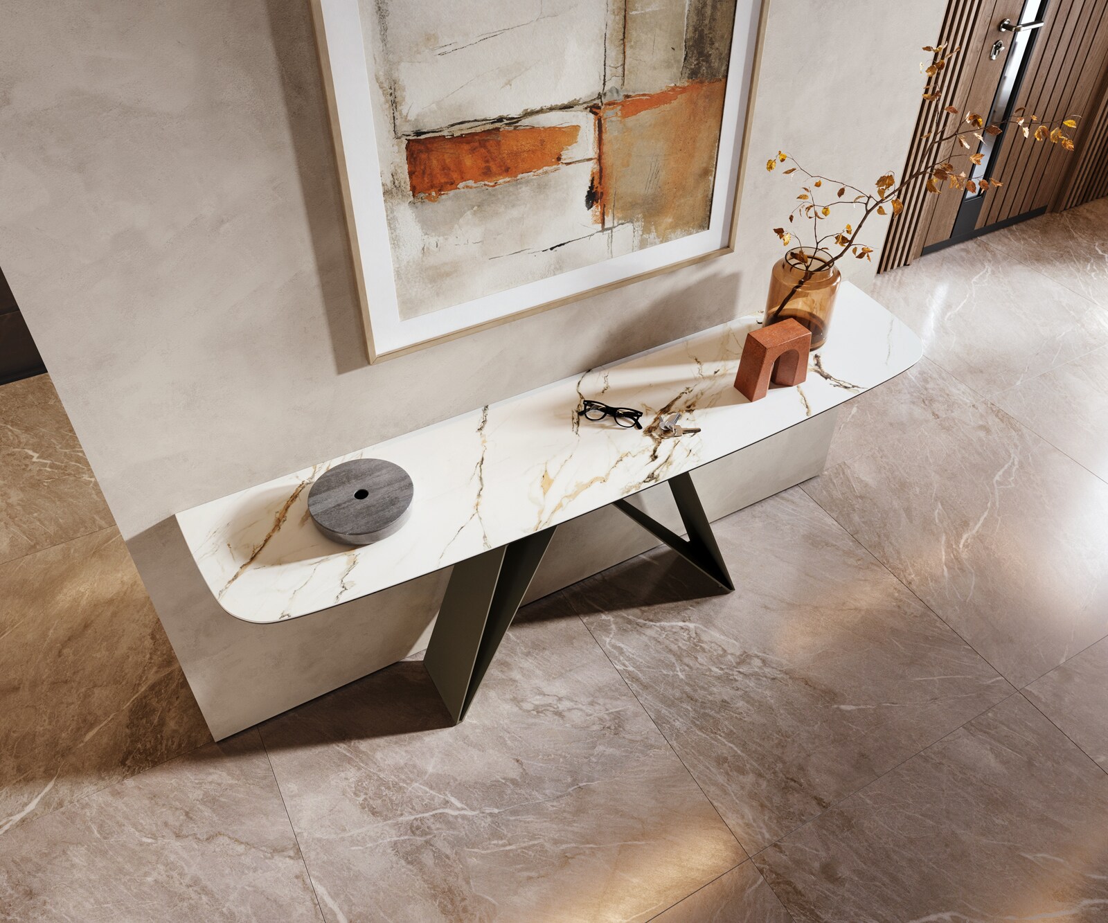 Konsola Edge w kształcie beczki 180x40 cm Calacatta Luxe biało-złoto-szara podstawa Velio metal w kolorze tytanu 2
