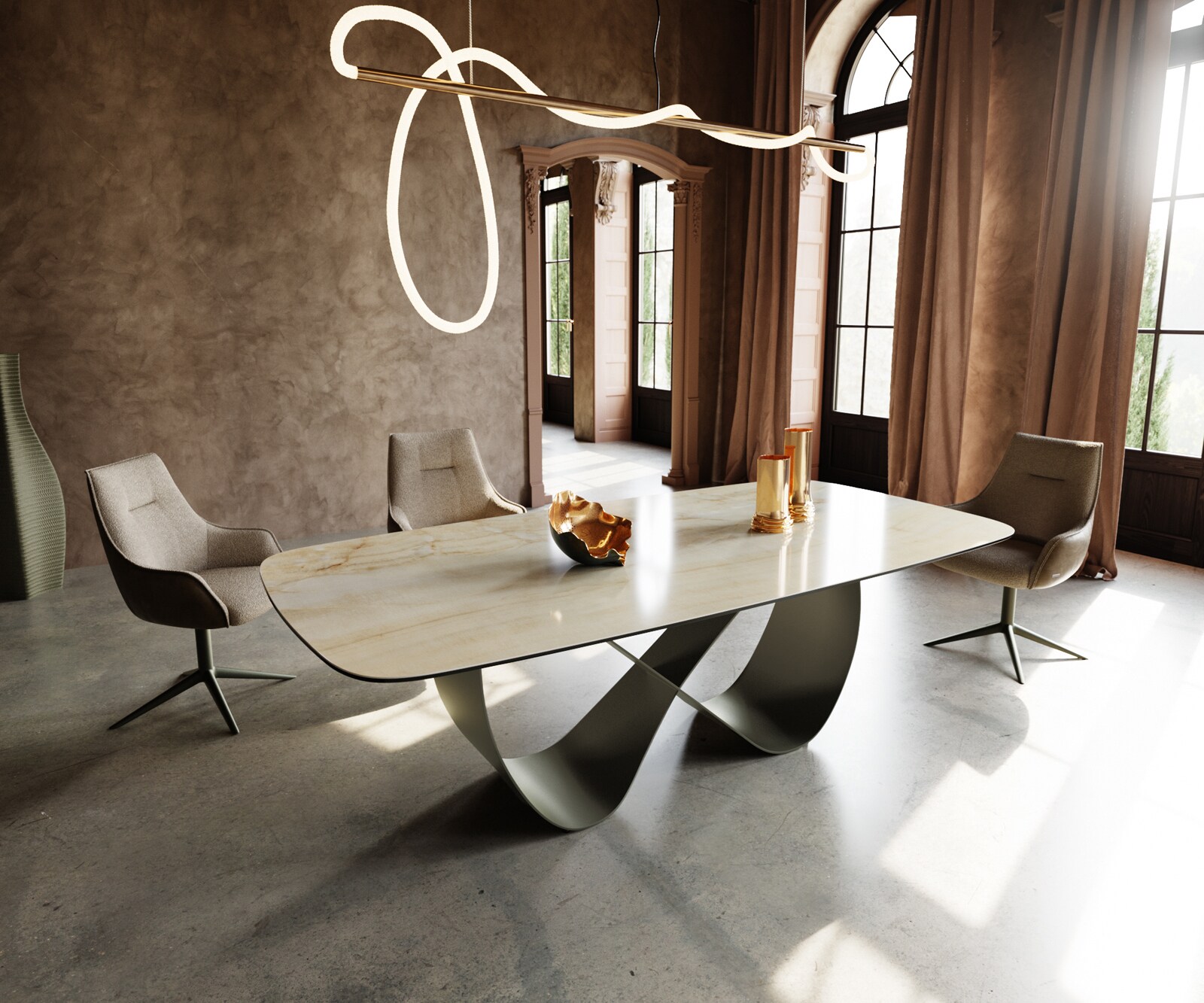 Stół do jadalni Edge w kształcie beczki 240x120cm ceramika Iris FMG Onice Oro rama Infinity metal kolor tytanowy