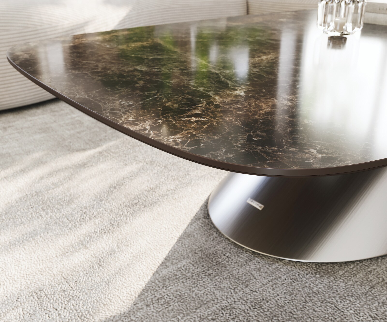 Stolik kawowy Edge w kształcie beczki 140x80 cm ceramika Laminam® Emperador Extra Lucidato ciemnobrązowy Conis stal nierdzewna szczotkowana 6