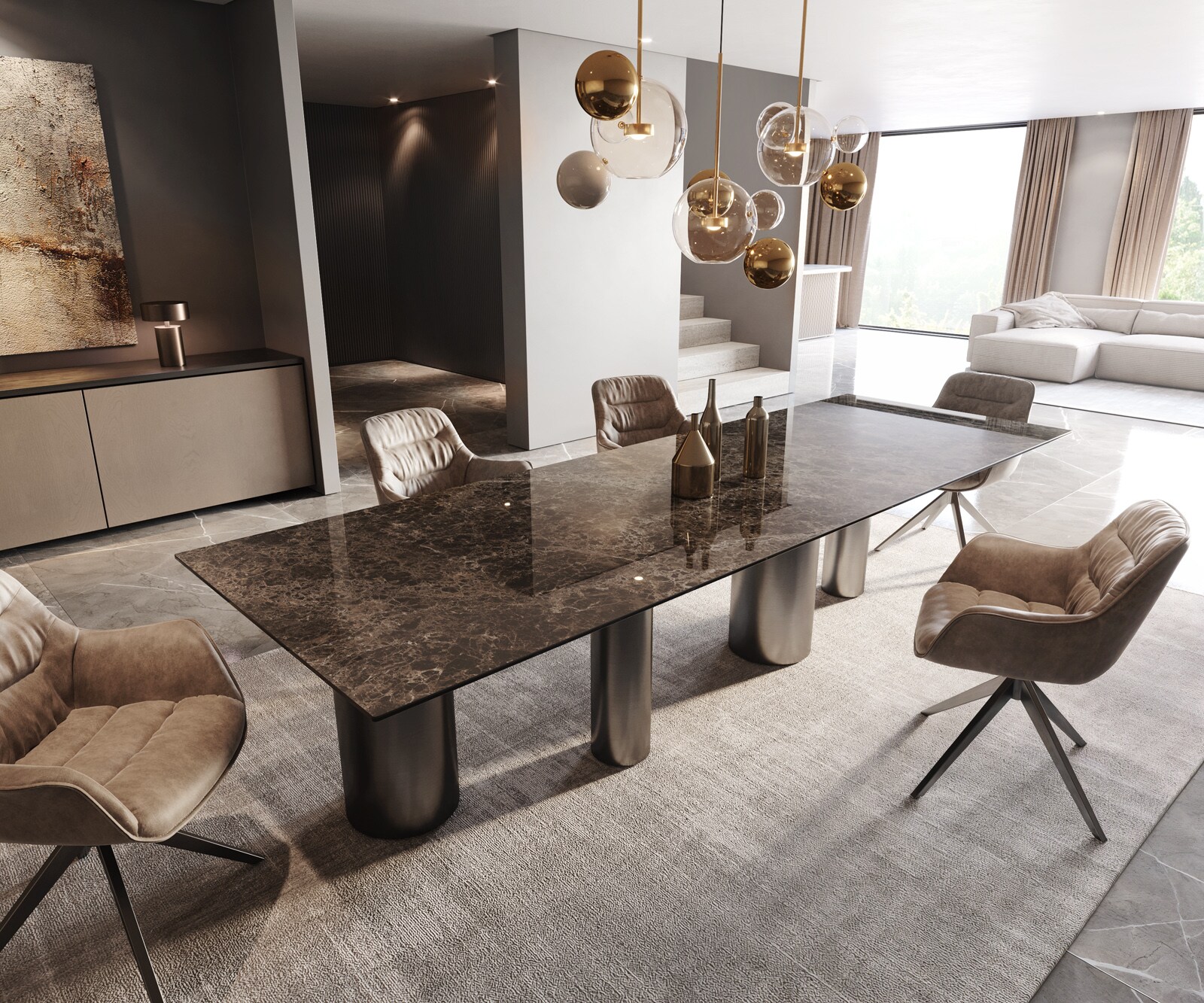 Stół do jadalni Edge 300x100cm ceramika Emperador Extra Lucidato ciemnobrązowy rama Pilier stal nierdzewna grafit 2