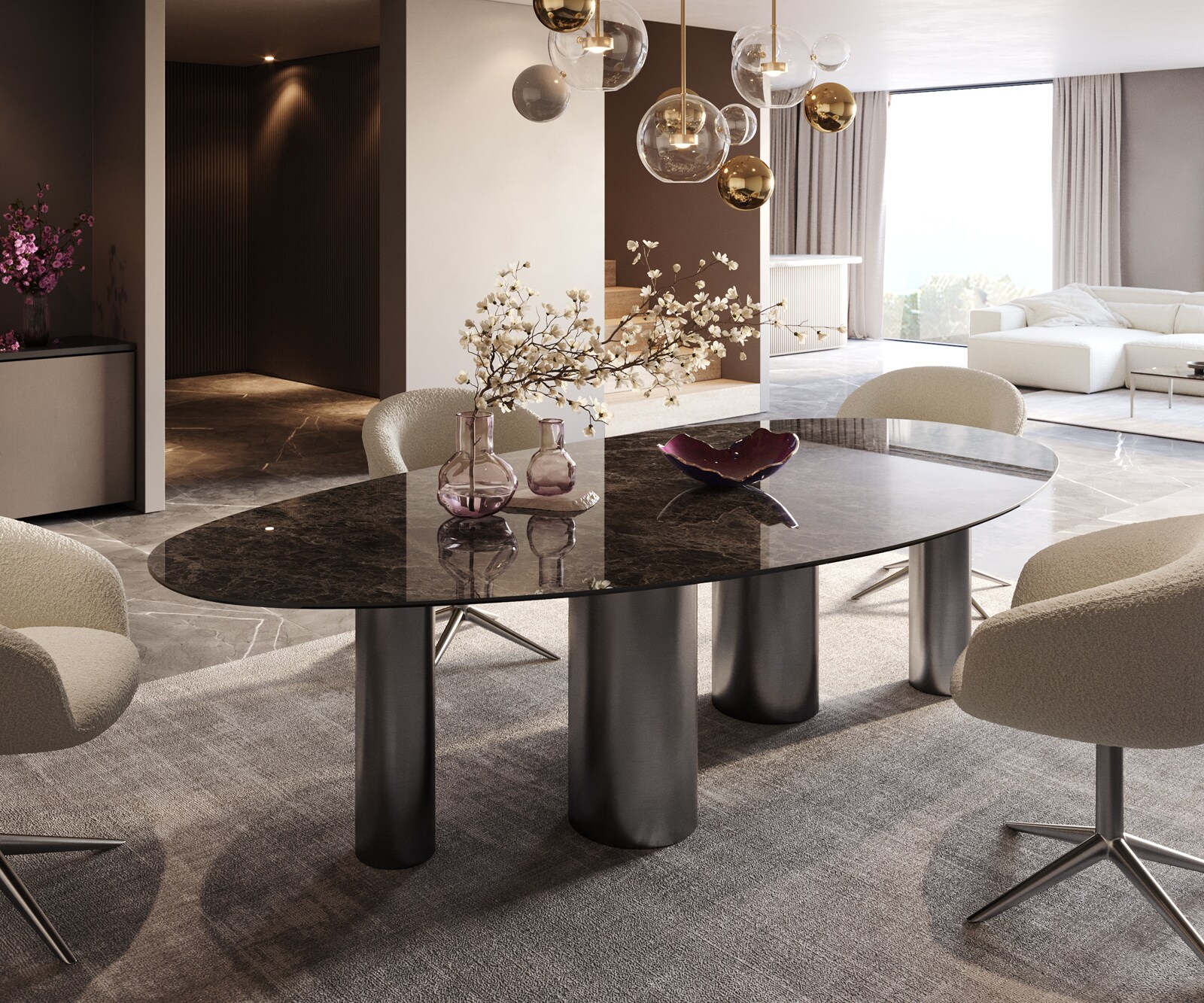 Stół do jadalni Edge owalny 280x130cm ceramika Emperador Extra Lucidato ciemnobrązowy rama Pilier stal nierdzewna grafit 1