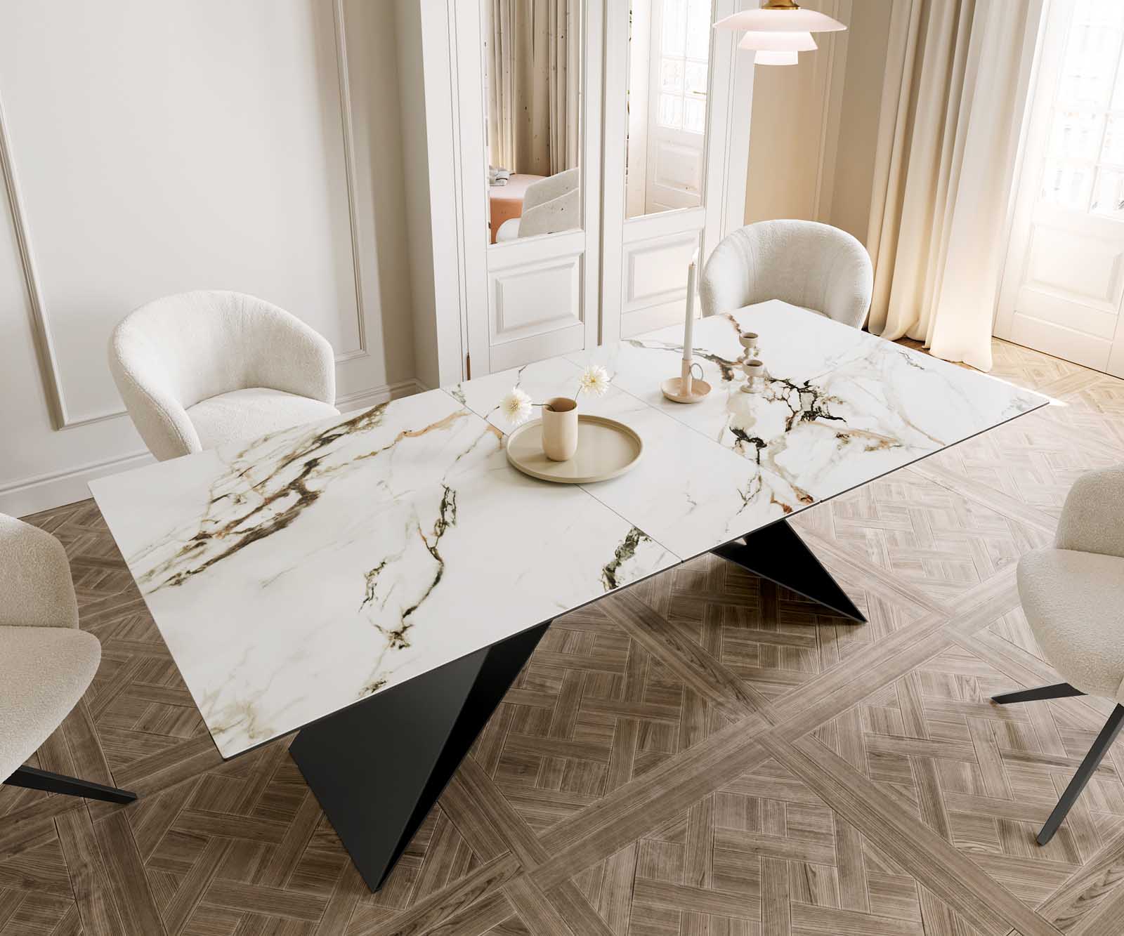 Stół do jadalni Edge 180-220x100 cm ceramika Calacatta Luxe biało-złoto-szary rama V metal czarna rozkładany 5