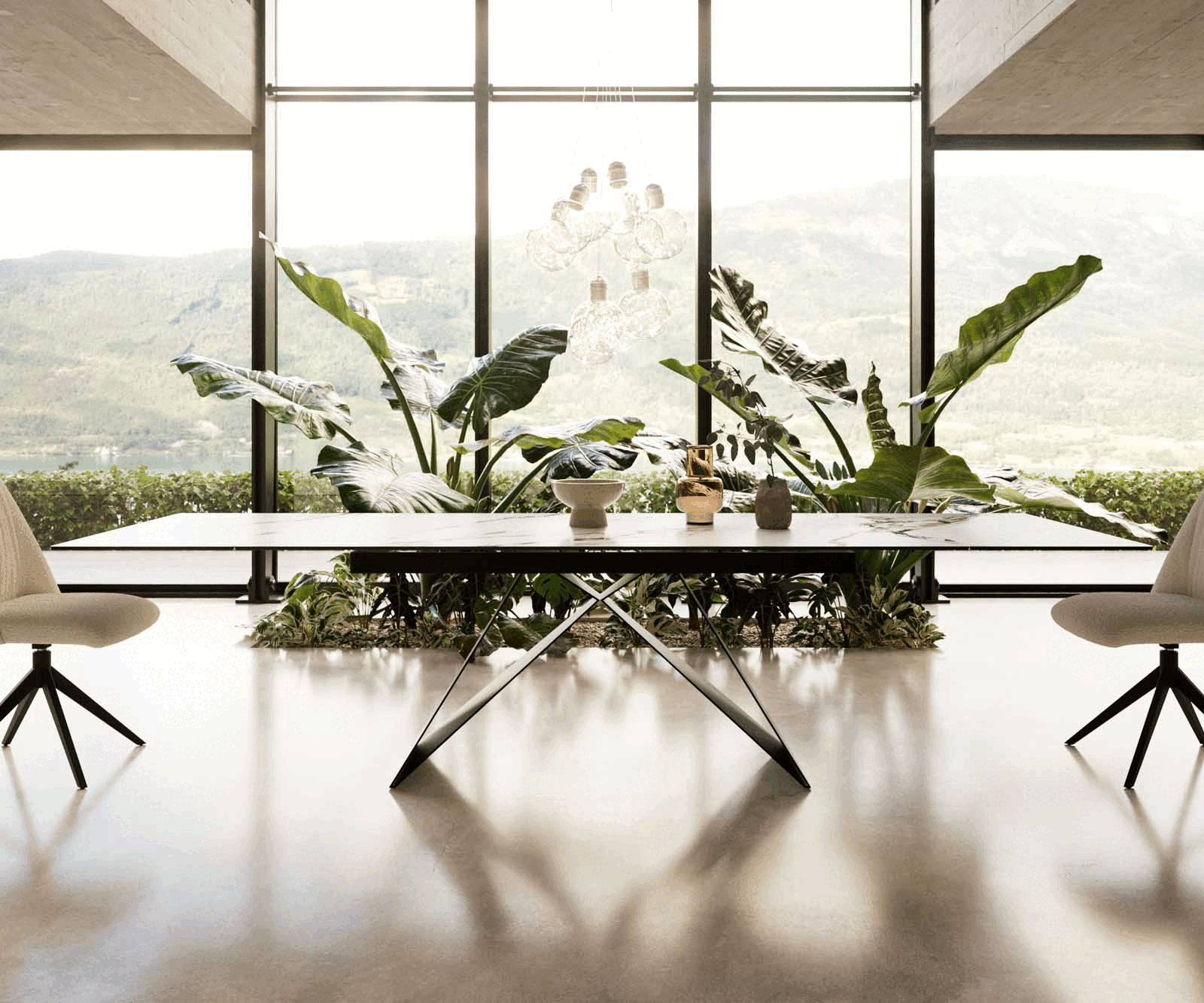 Stół do jadalni Edge 200-300x100 cm ceramika Calacatta Luxe biało-złoto-szary rama V metal czarna rozkładany 1