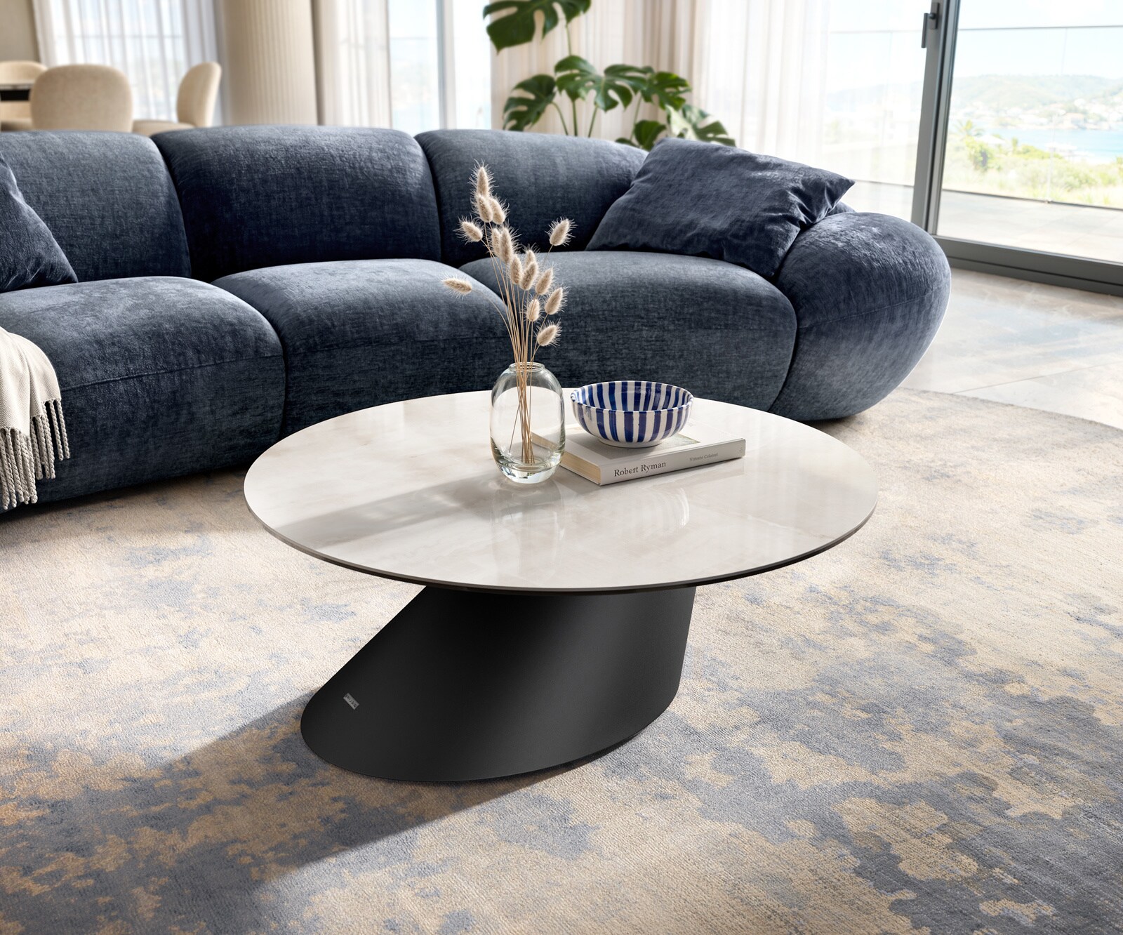 Stolik kawowy Edge okrągły 90x90 cm ceramika Onyx Champagne podstawa Conis metal czarny 1