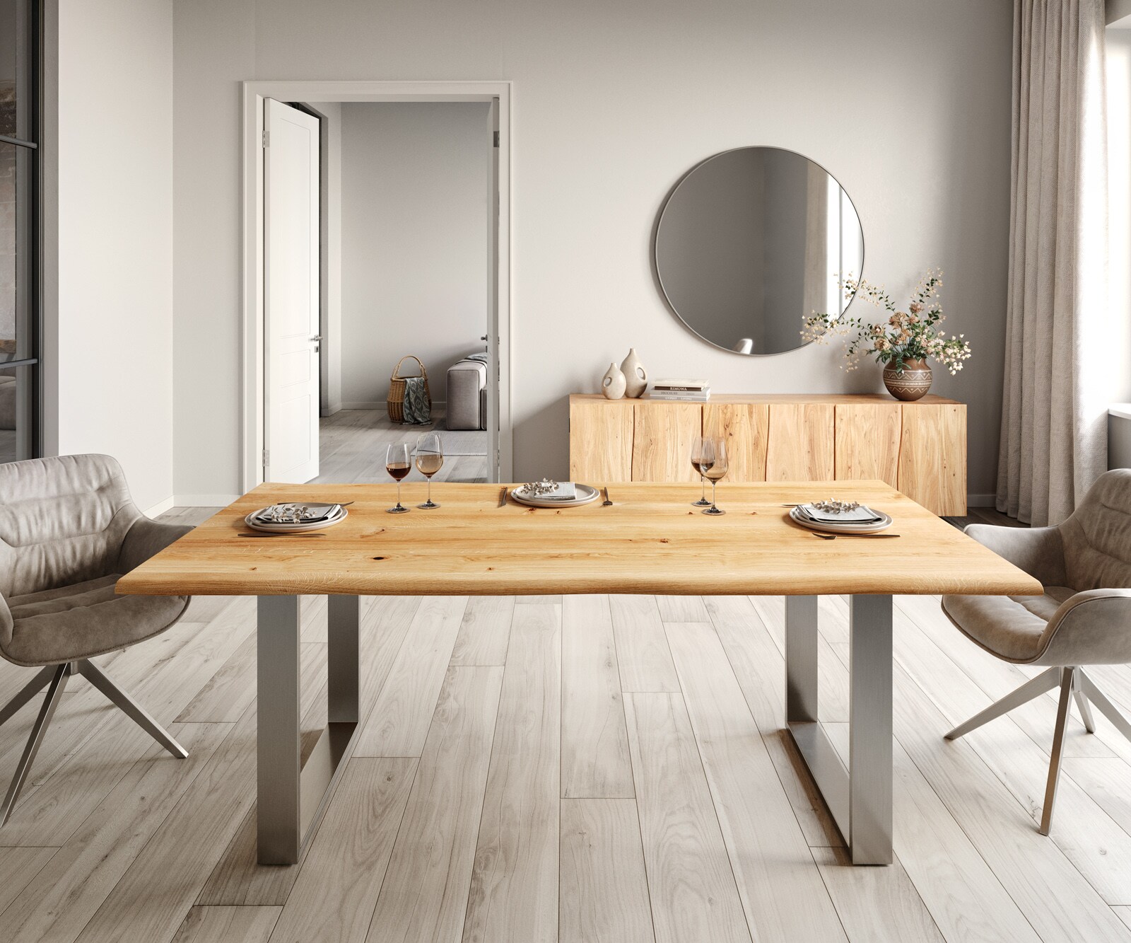 Stół do jadalni Edge 200x100x2,5-3 cm dąb naturalny stal nierdzewna wąska rama live-edge 2