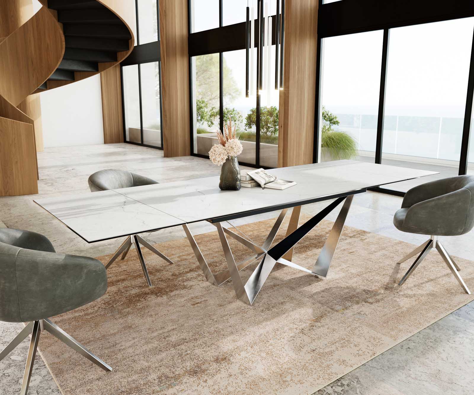 Stół do jadalni Edge 200-300x100 cm ceramika Laminam® Statuarietto biały rama Spider stal nierdzewna rozkładany 8