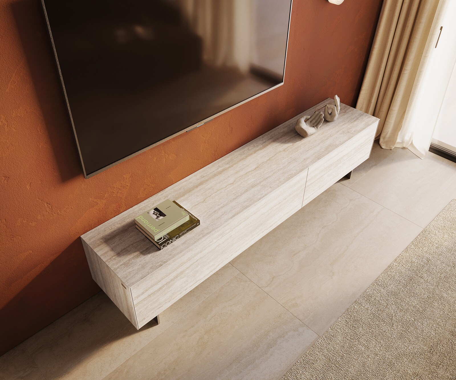 Szafka RTV Cuor 220 cm ceramika Laminam® Travertino Bianco kremowo-biała 1 klapa 2 szuflady nóżki wąskie stal nierdzewna 4