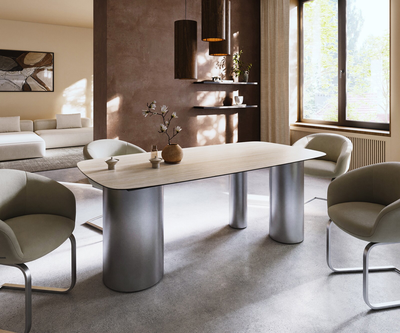 Stół do jadalni Edge w kształcie beczki 200x100cm ceramika Laminam® Travertino Bianco kremowo-biały rama Troa stal nierdzewna szczotkowana 4