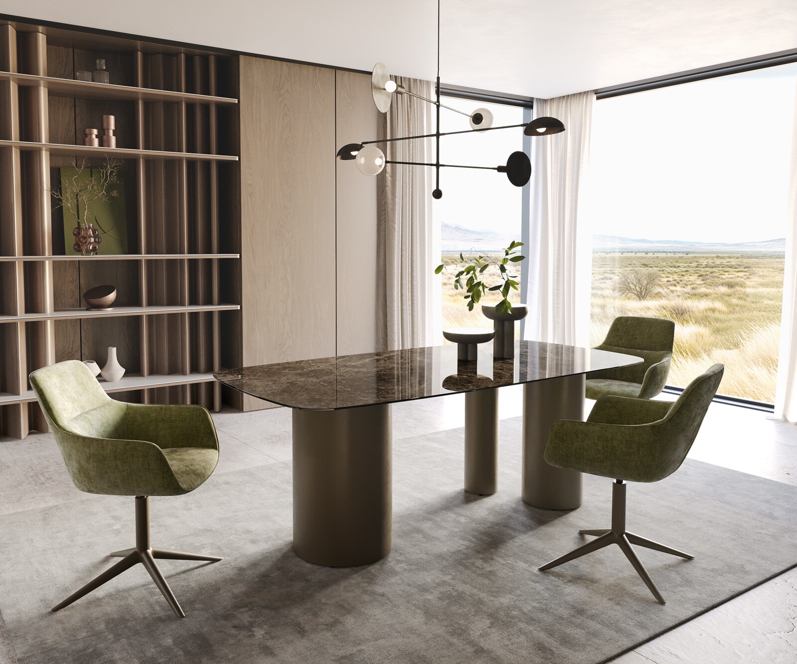 Stół do jadalni Edge kształt beczki 200x100cm ceramika Emperador Extra Lucidato ciemnobrązowy rama Troa metal kolor tytanowy 6