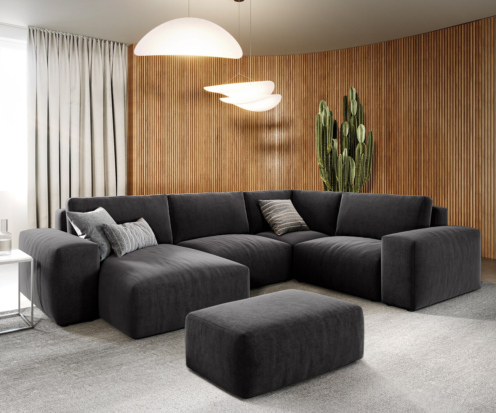 Sofa w kształcie litery U Lanzo 300x210 cm mikrofibra czarna szezlong z możliwością obustronnego montażu z pufem 1