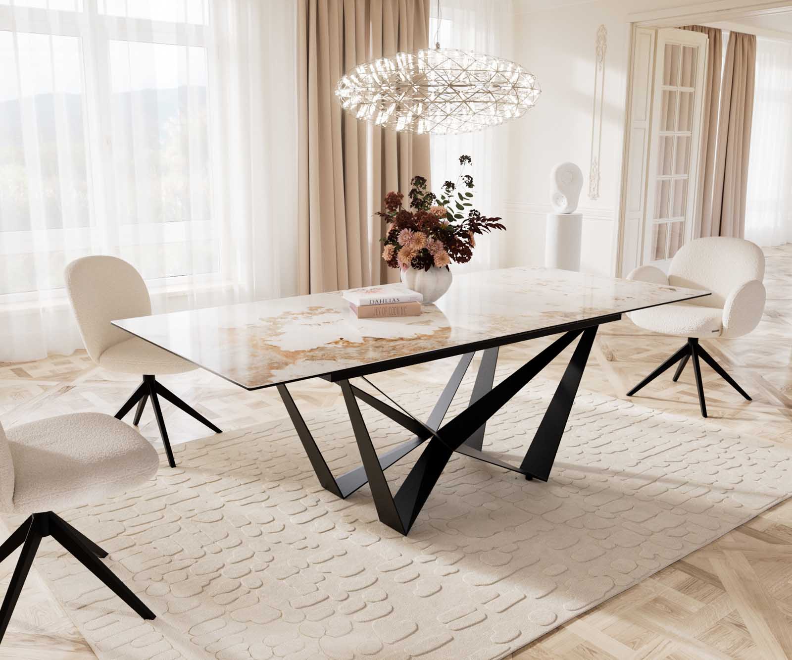 Stół do jadalni Edge 180-220x100 cm ceramika Minas Melange biało-beżowy rama Spider metal czarna rozkładany