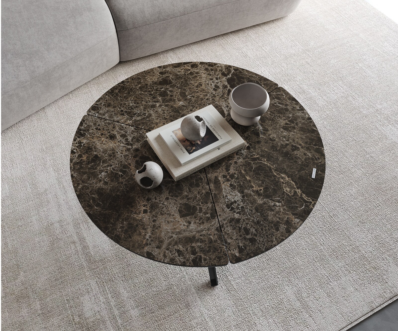 Stolik kawowy Delron 90x90cm ceramika Emperador Extra Lucidato ciemnobrązowy podstawa krzyżowa płaska metal czarny 3