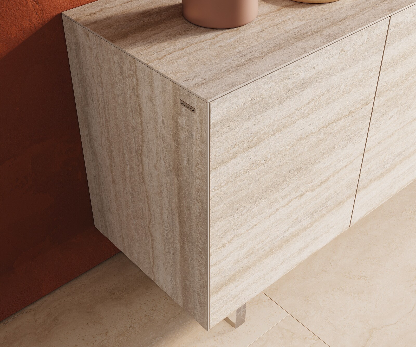 Komoda Cuor 150 cm ceramika Laminam® Travertino Bianco kremowo-biała 3 drzwi nóżki wąskie szkło akrylowe 5