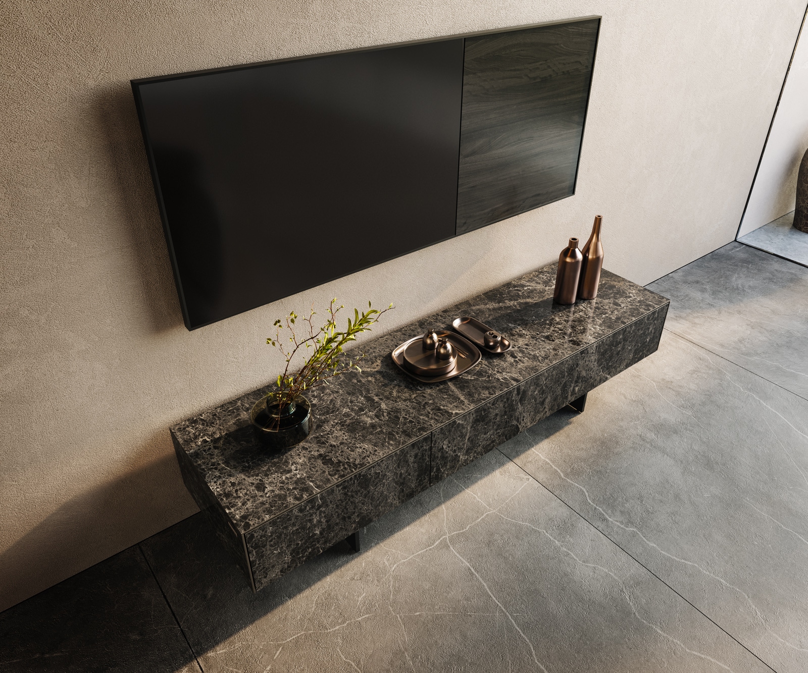 Szafka RTV Cuor 150 cm ceramika Emperador Extra Lucidato ciemnobrązowa 1 klapa 1 szuflada nóżki wąskie czarny metal 3