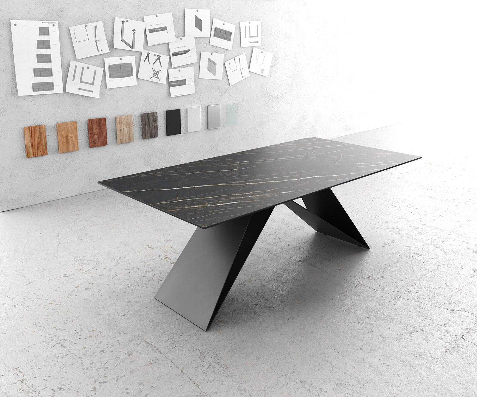 Stół do jadalni Edge 200x100 cm ceramika Laminam® Noir Desir brązowy rama V czarna 1