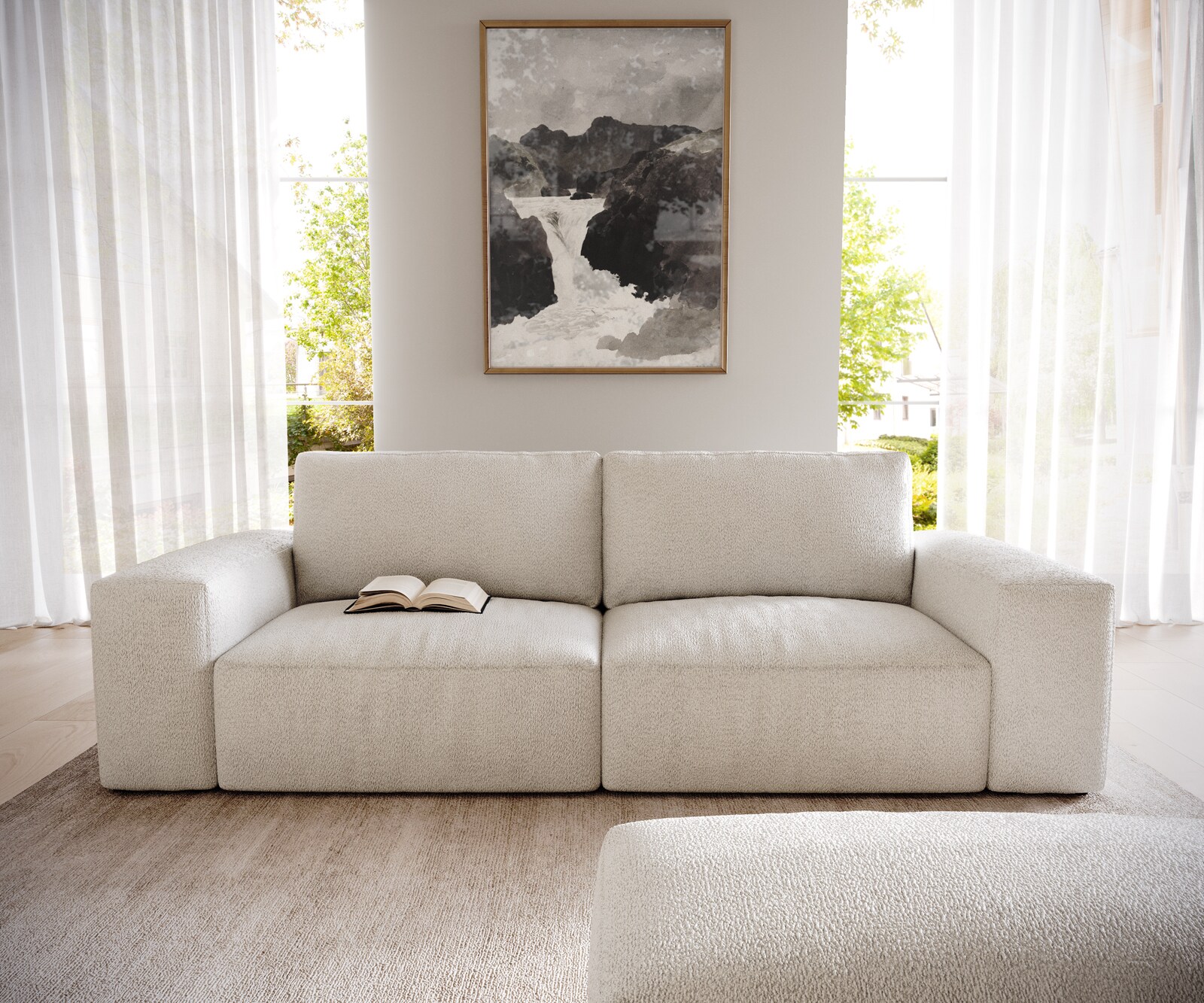 Duża sofa Lanzo L 250x105 cm bouclé kremowo-biały z pufem 1