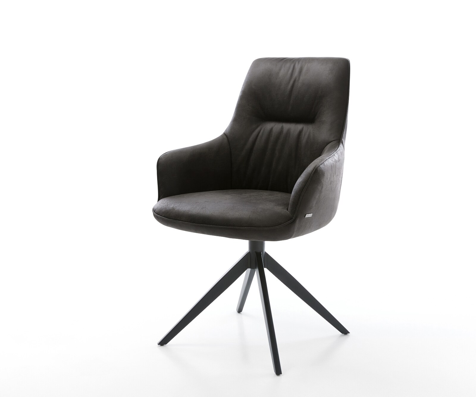Krzesło do jadalni Zelia-Flex z podłokietnikami mikrofibra antracytowy vintage podstawa krzyżowa szeroka metal czarny obracane o 360° funkcja kołyski sprężyny kieszeniowe