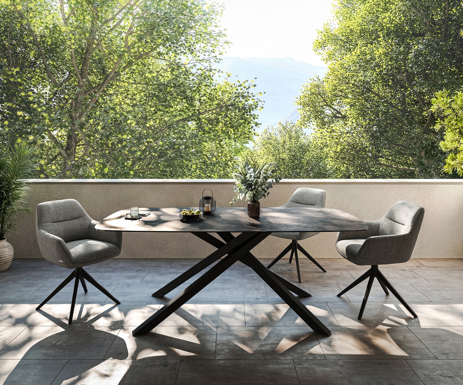 Stół ogrodowy Edge w kształcie beczki 200x100 cm ceramika Laminam® Noir Desir brązowa rama Cross metal czarny 1