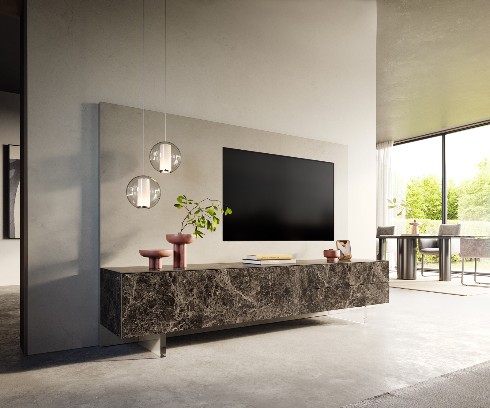 Szafka RTV Cuor 220 cm ceramika Emperador Extra Lucidato ciemnobrązowa 1 klapa 2 szuflady nóżki akrylowe 1