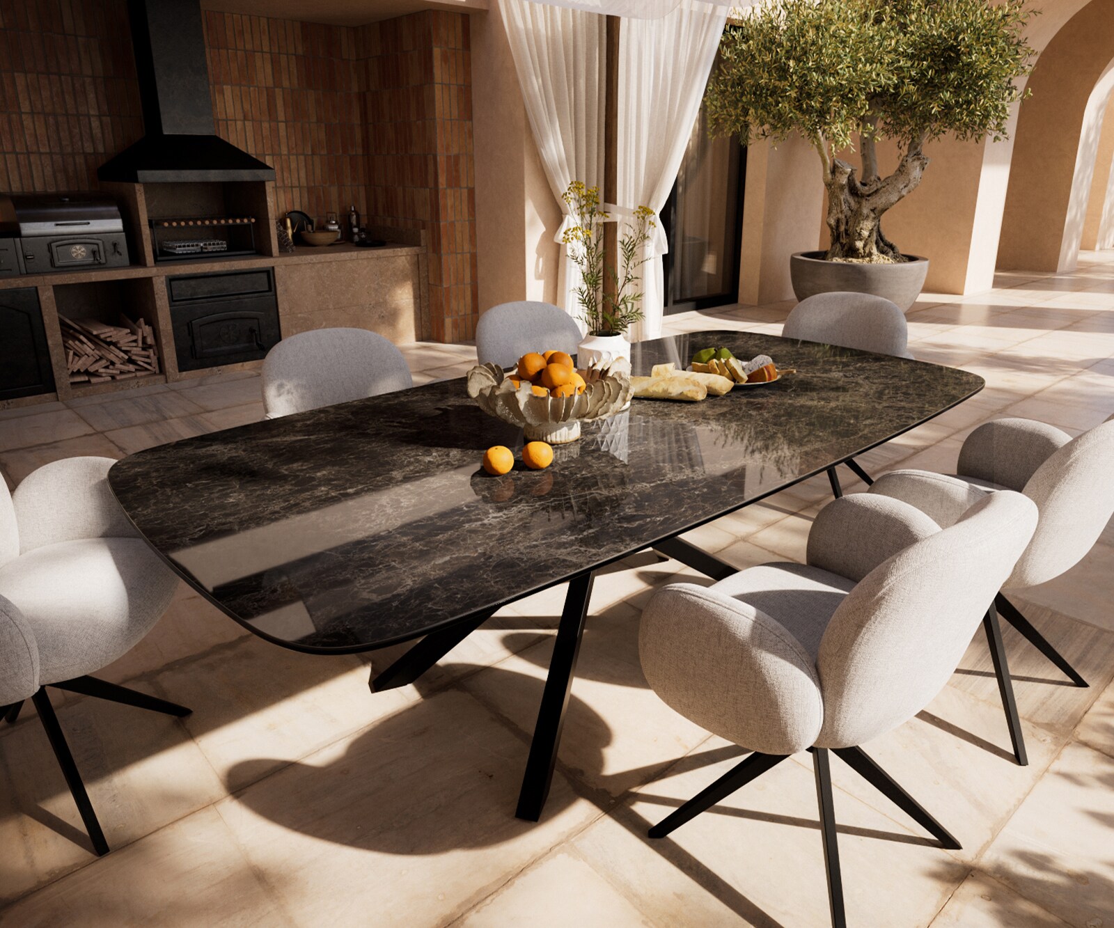 Stół ogrodowy Edge Boot 240x120 cm ceramika Laminam® Emperador Extra Lucidato Dunkelbrązowy rama Cross czarny
