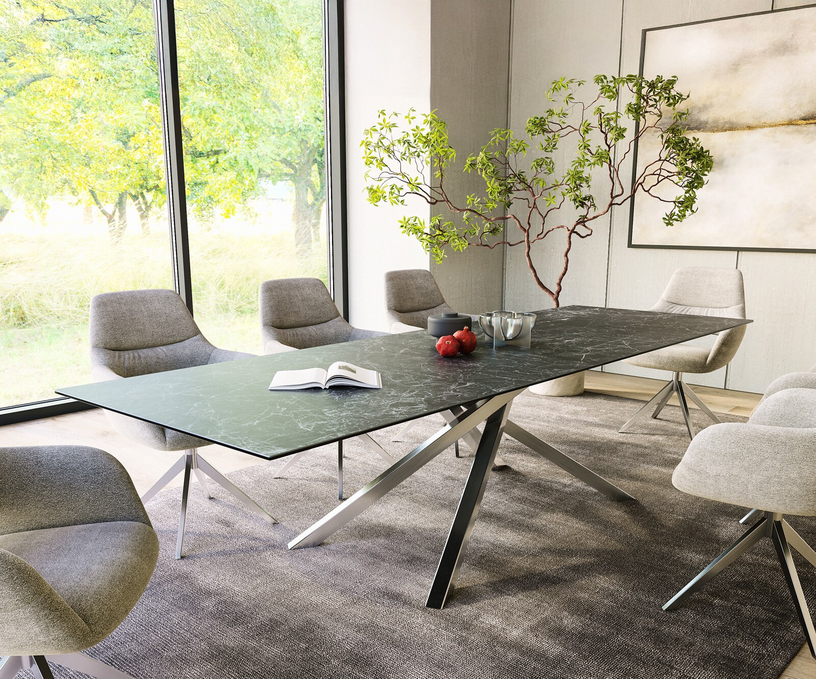Stół do jadalni Edge 300x100cm ceramika Laminam® Nero Greco antracyt rama Cross stal nierdzewna