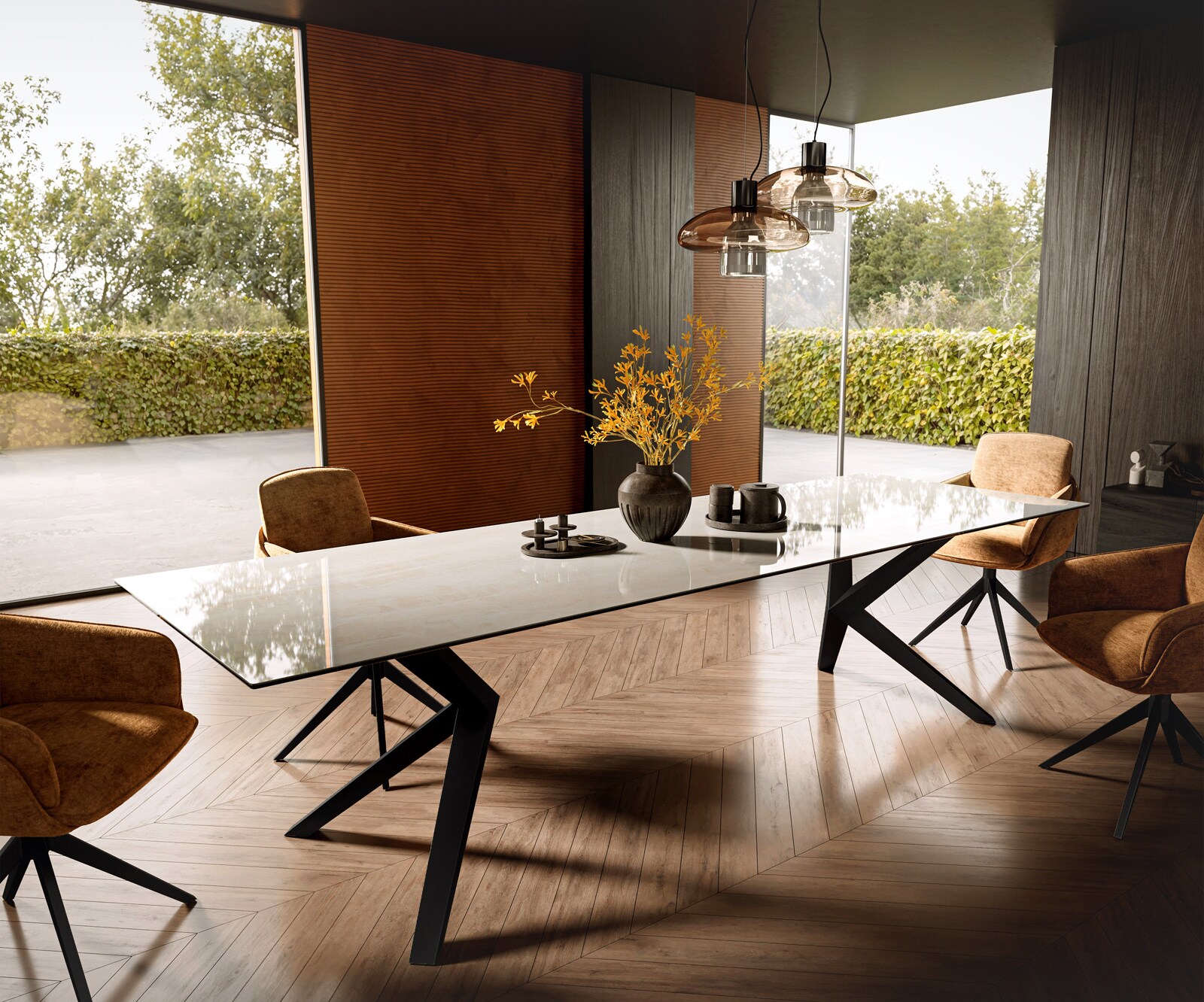 Stół do jadalni Edge 300x100 cm ceramika Onyx Champagne rama Zenthara metal czarny 1