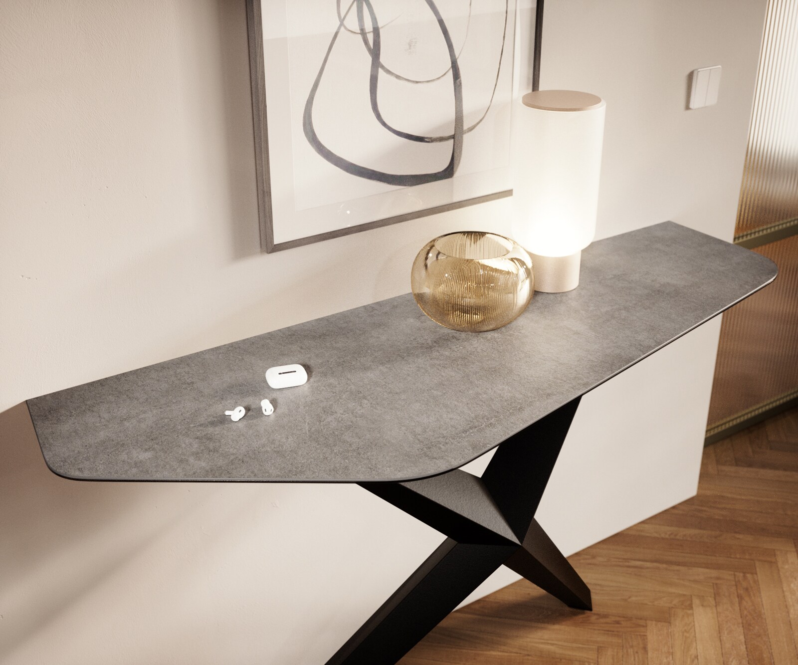 Konsola Edge wielokątna 140x50 cm ceramika w kolorze betonowej szarości podstawa Zentharo metal czarny 6