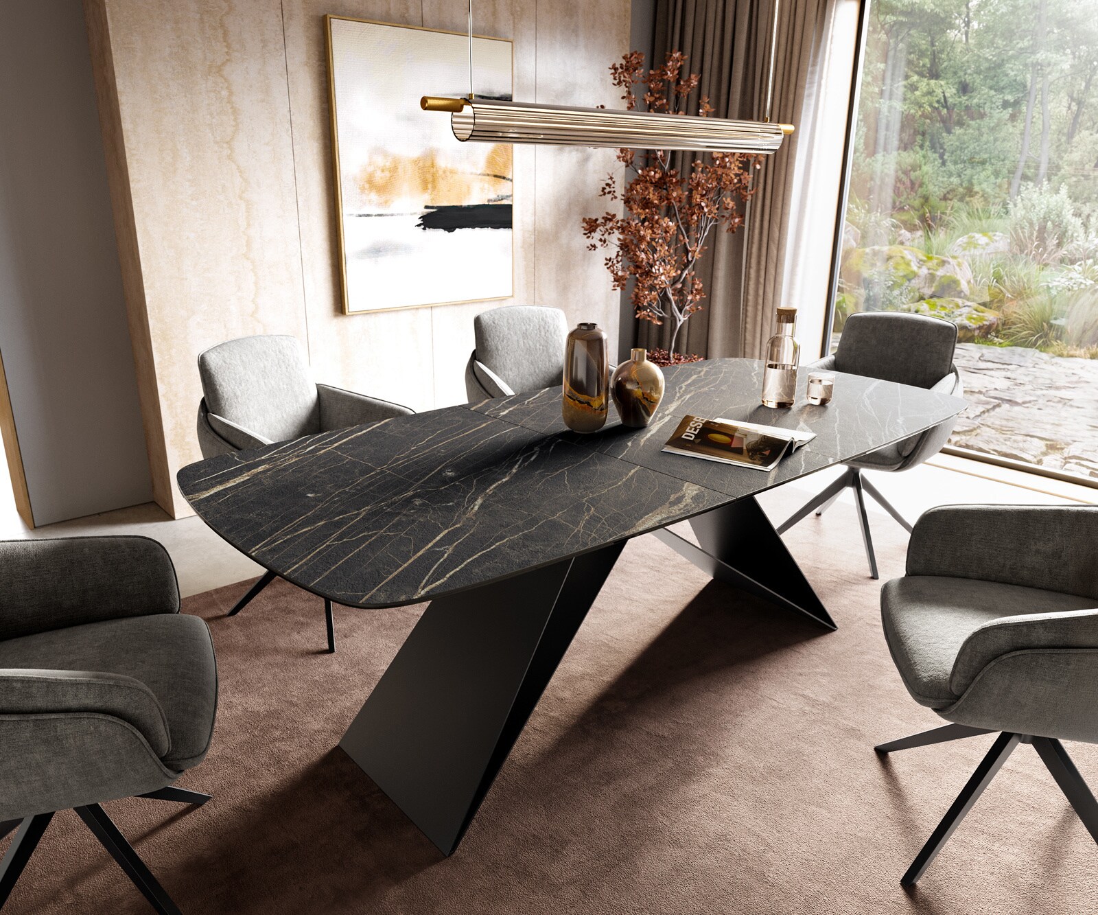 Stół do jadalni Edge w kształcie beczki 180-220x100 cm Laminam® ceramika Noir Desir Braun rama typu V metal czarny rozkładany 1