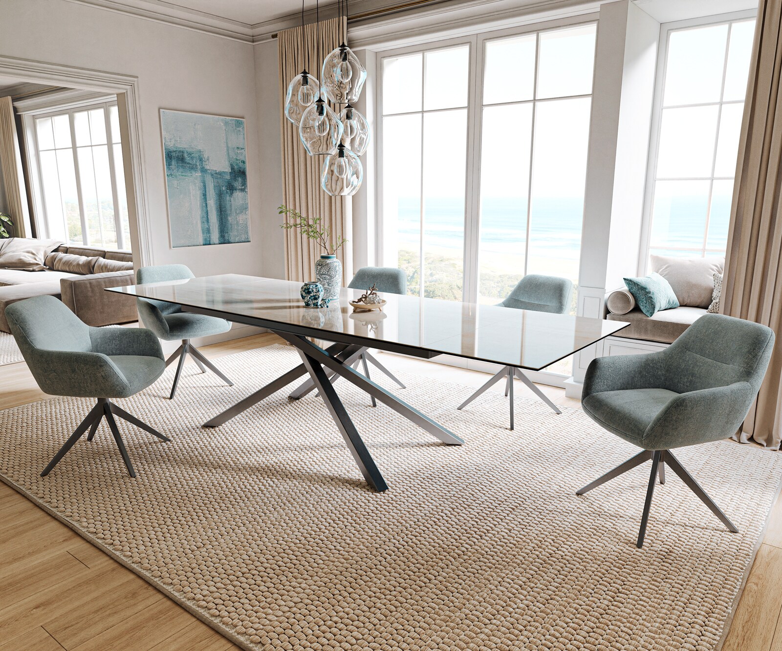 Stół do jadalni Edge 200-300x100cm ceramika Onyx Champagne rama Cross stal nierdzewna kolor grafitowy rozkładany 6