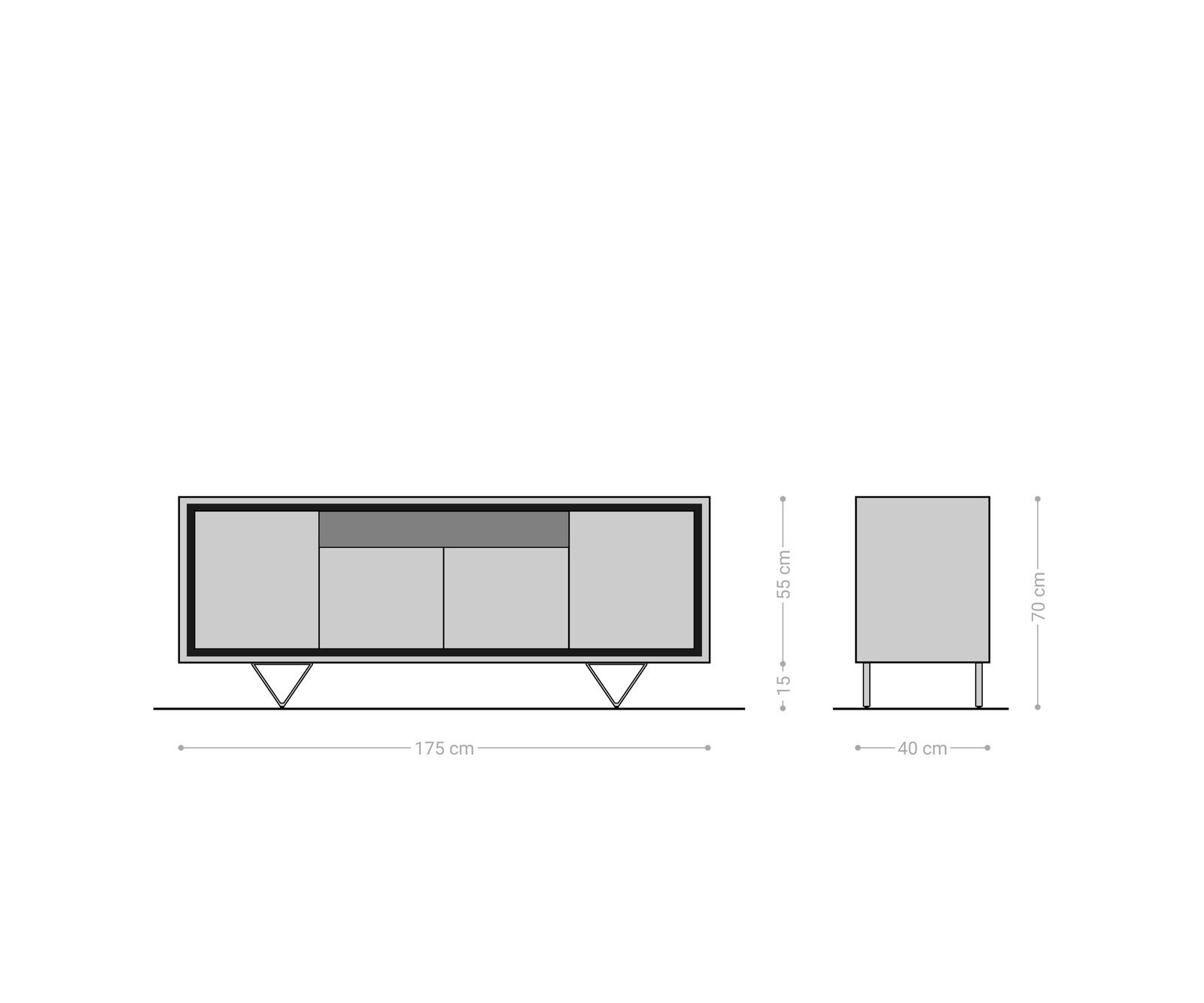 Komoda Stonegrace 175 cm akacja brązowa fornir kamienny 4 drzwi 1 przegroda nóżki V czarne 7