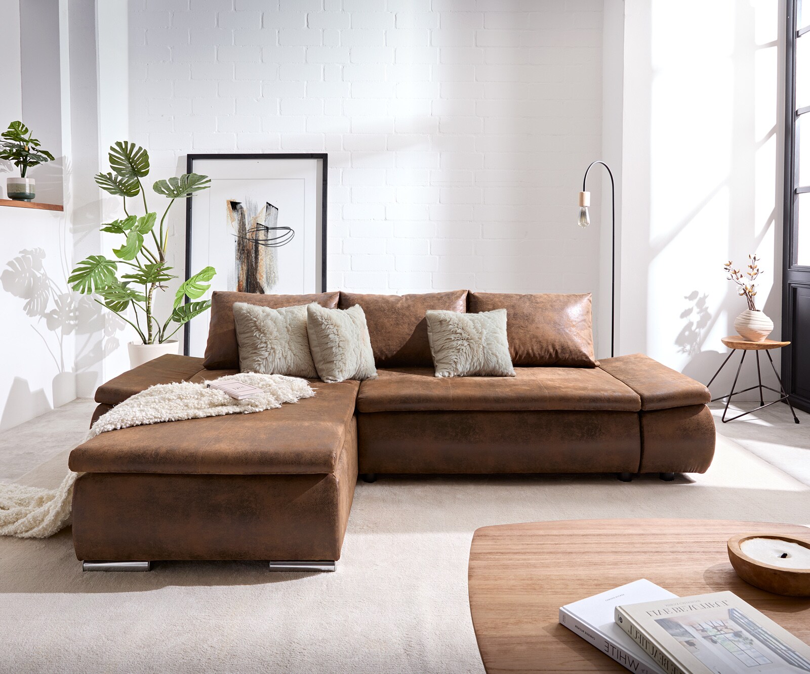 Sofa narożna Abilene 260x175 cm brązowy szezlong z możliwością zmiennego montażu z funkcją spania 1