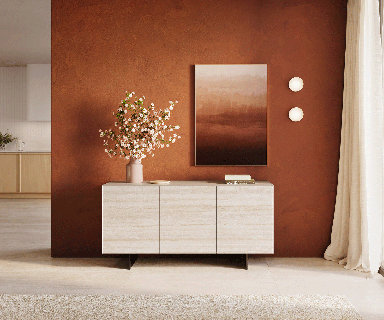 Komoda Cuor 150 cm ceramika Laminam® Travertino Bianco kremowo-biała 3 drzwi nóżki wąskie czarny metal 2